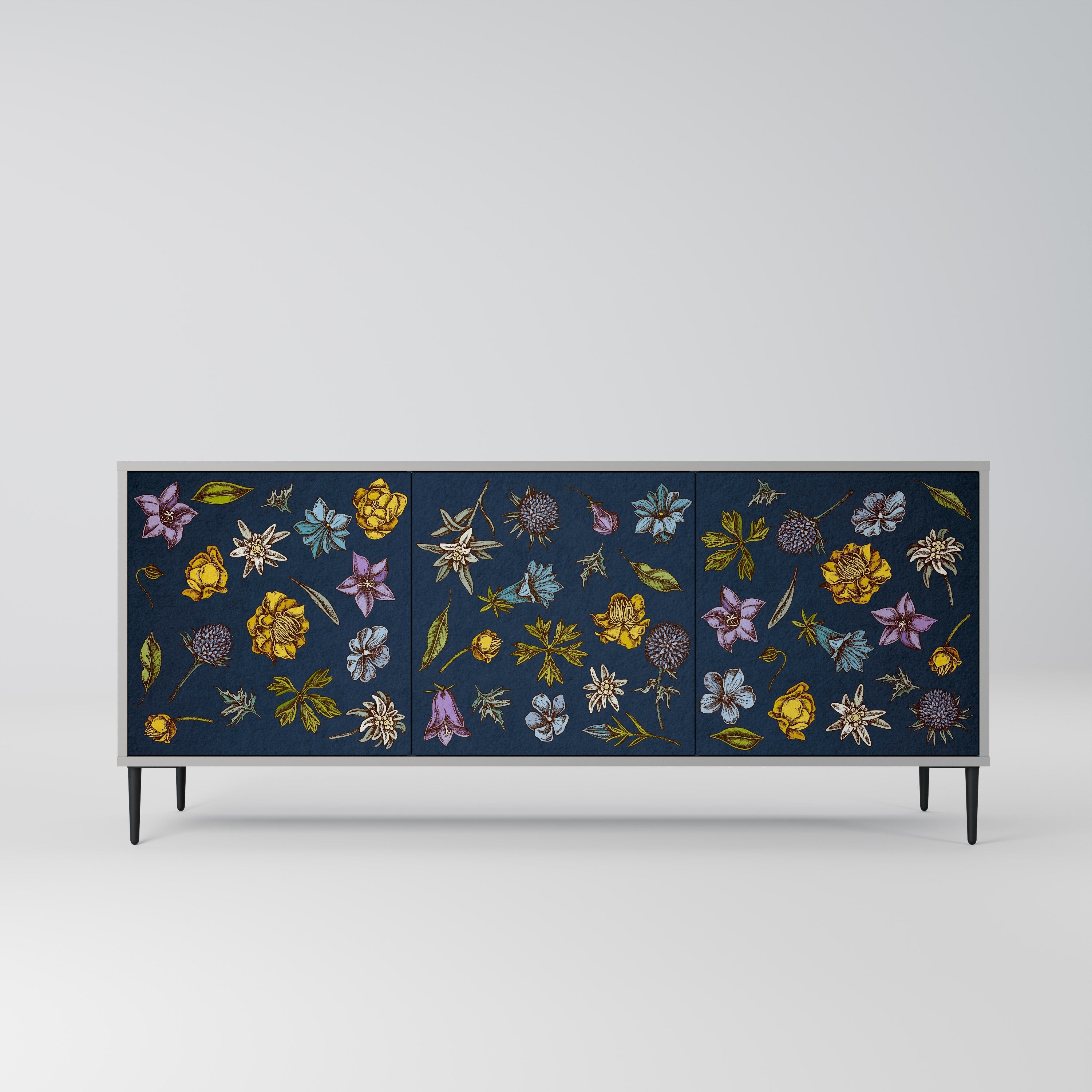 BLUMEN AUF MARINEBLAUEM 3-türigem Sideboard in grauem Finish