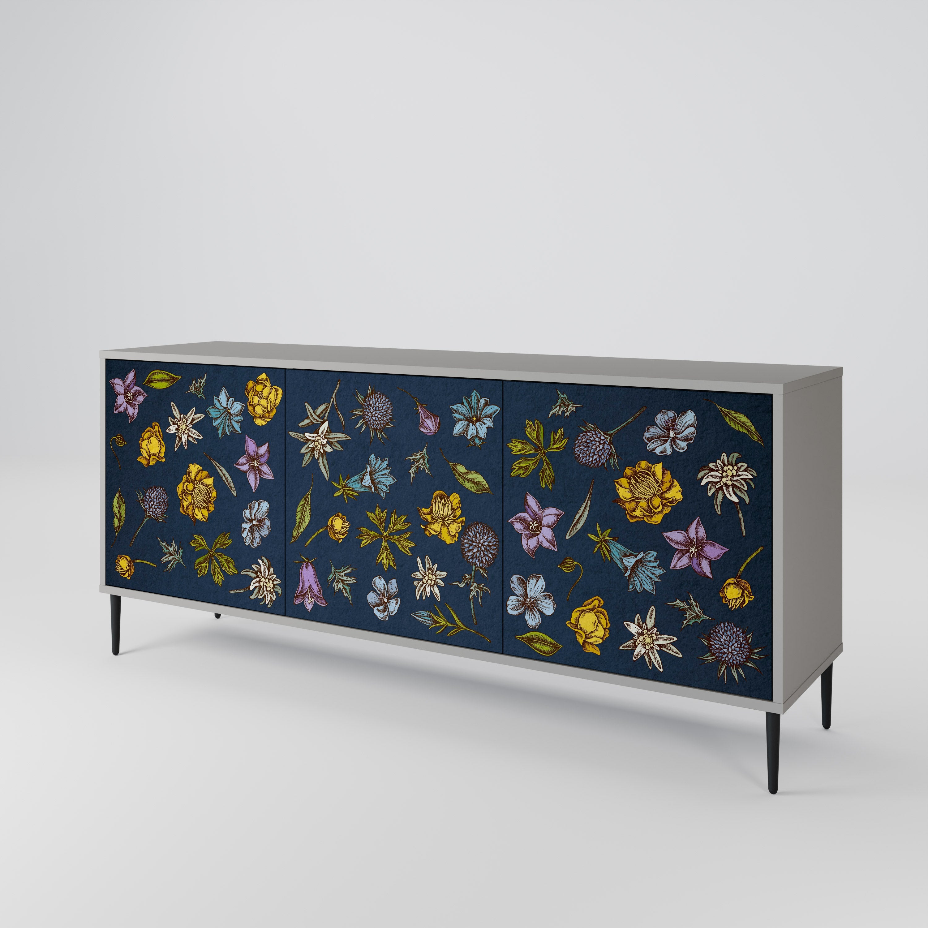 BLUMEN AUF MARINEBLAUEM 3-türigem Sideboard in grauem Finish