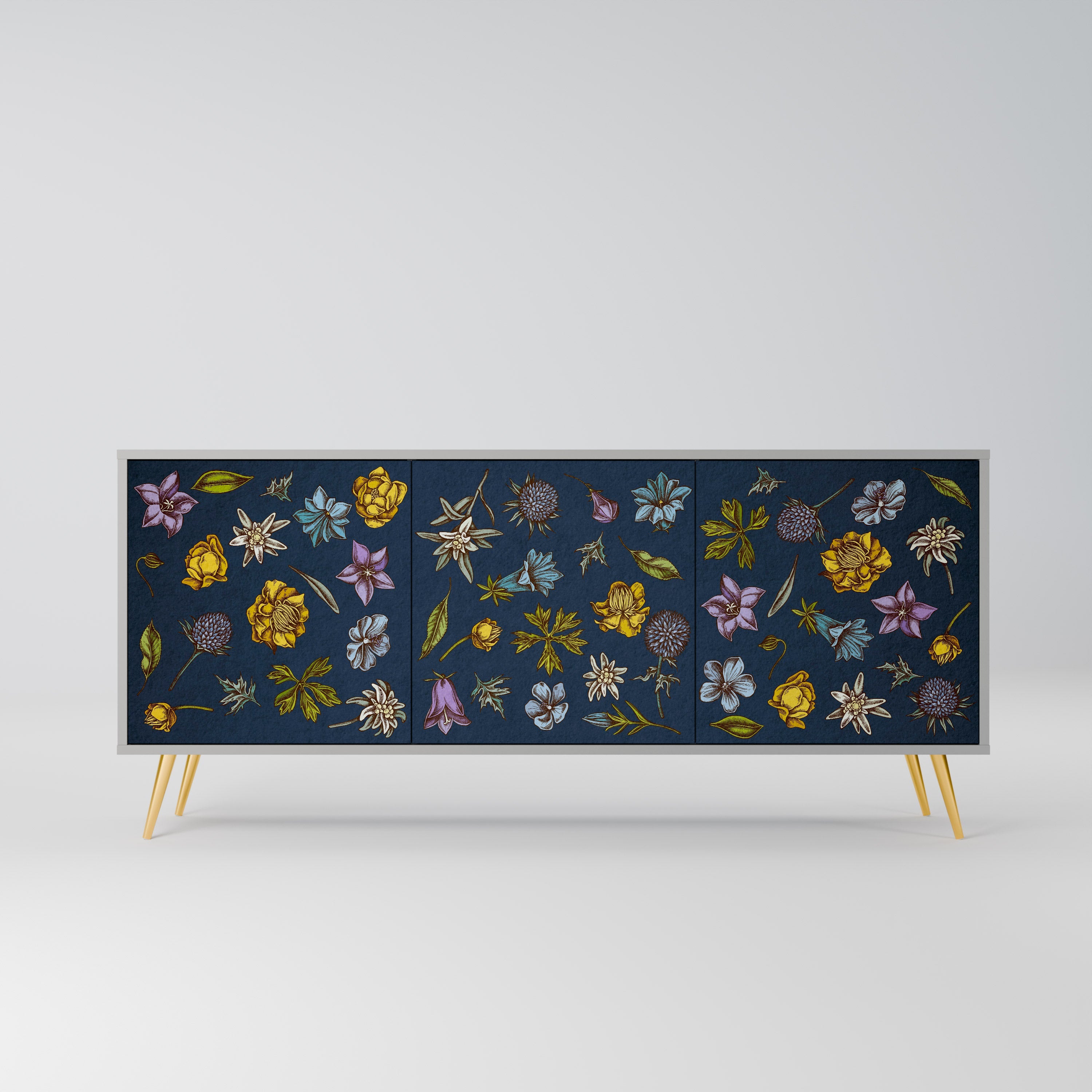 BLUMEN AUF MARINEBLAUEM 3-türigem Sideboard in grauem Finish