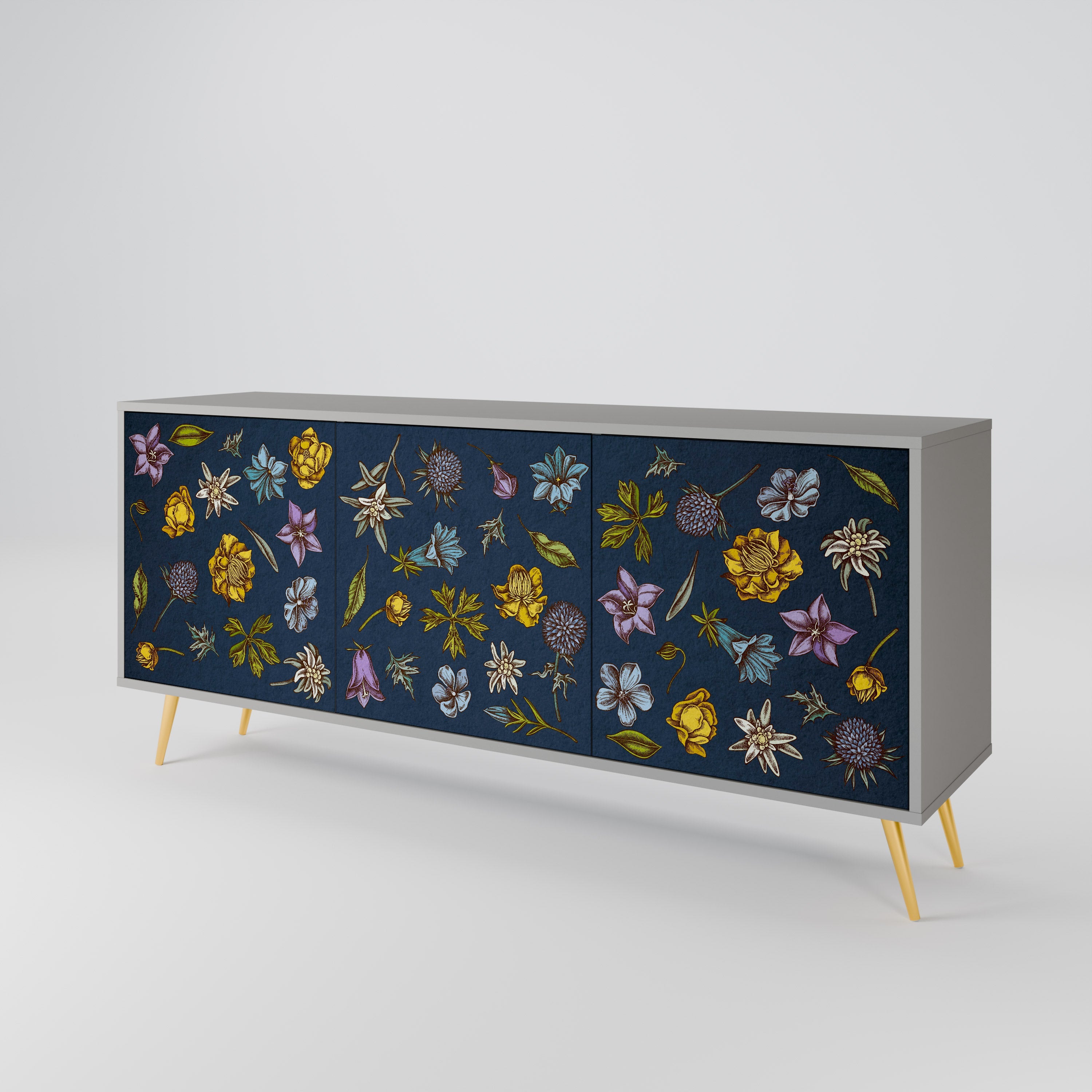 BLUMEN AUF MARINEBLAUEM 3-türigem Sideboard in grauem Finish