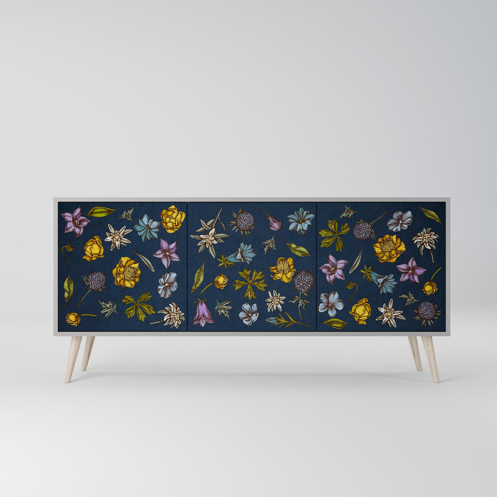 BLUMEN AUF MARINEBLAUEM 3-türigem Sideboard in grauem Finish