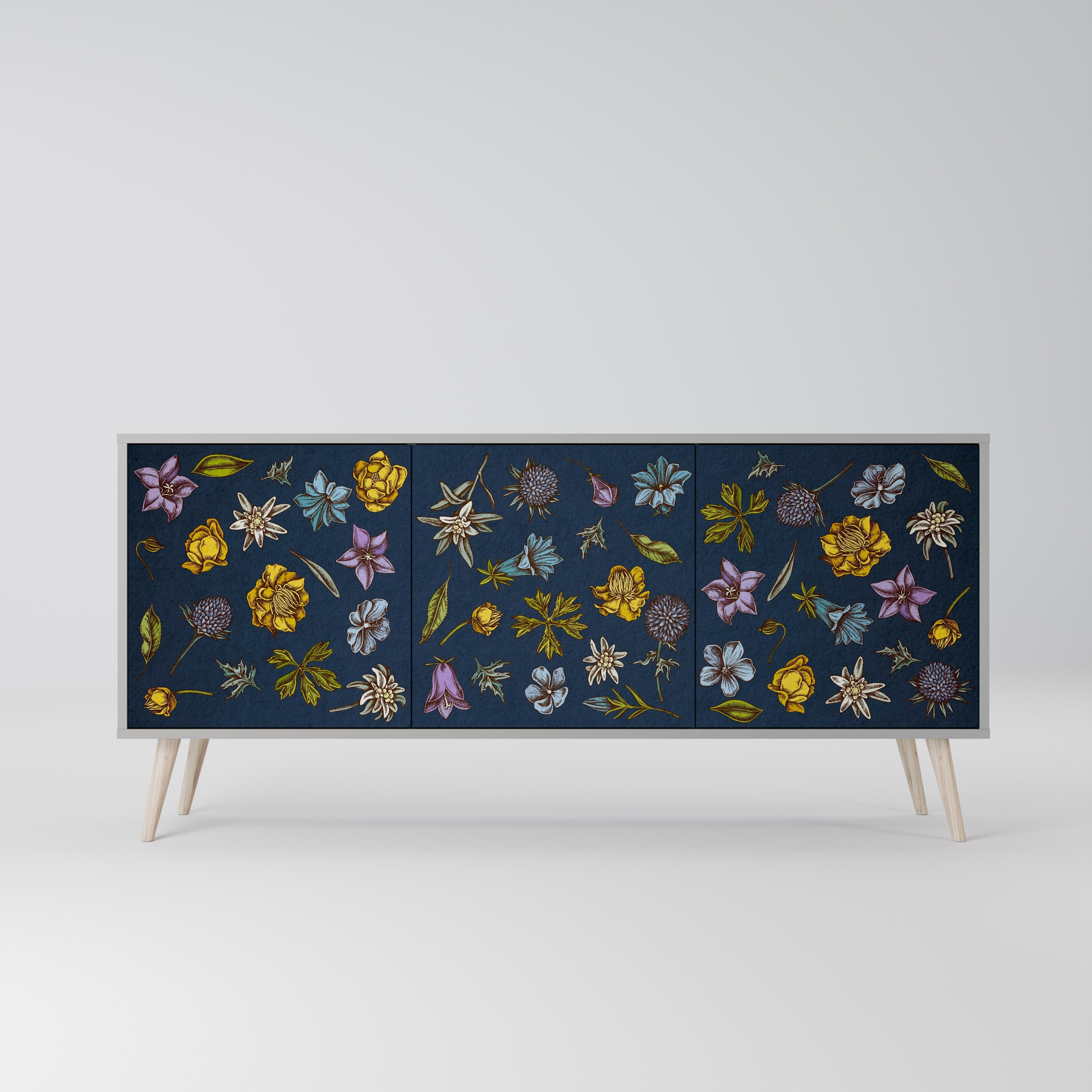 BLUMEN AUF MARINEBLAUEM 3-türigem Sideboard in grauem Finish