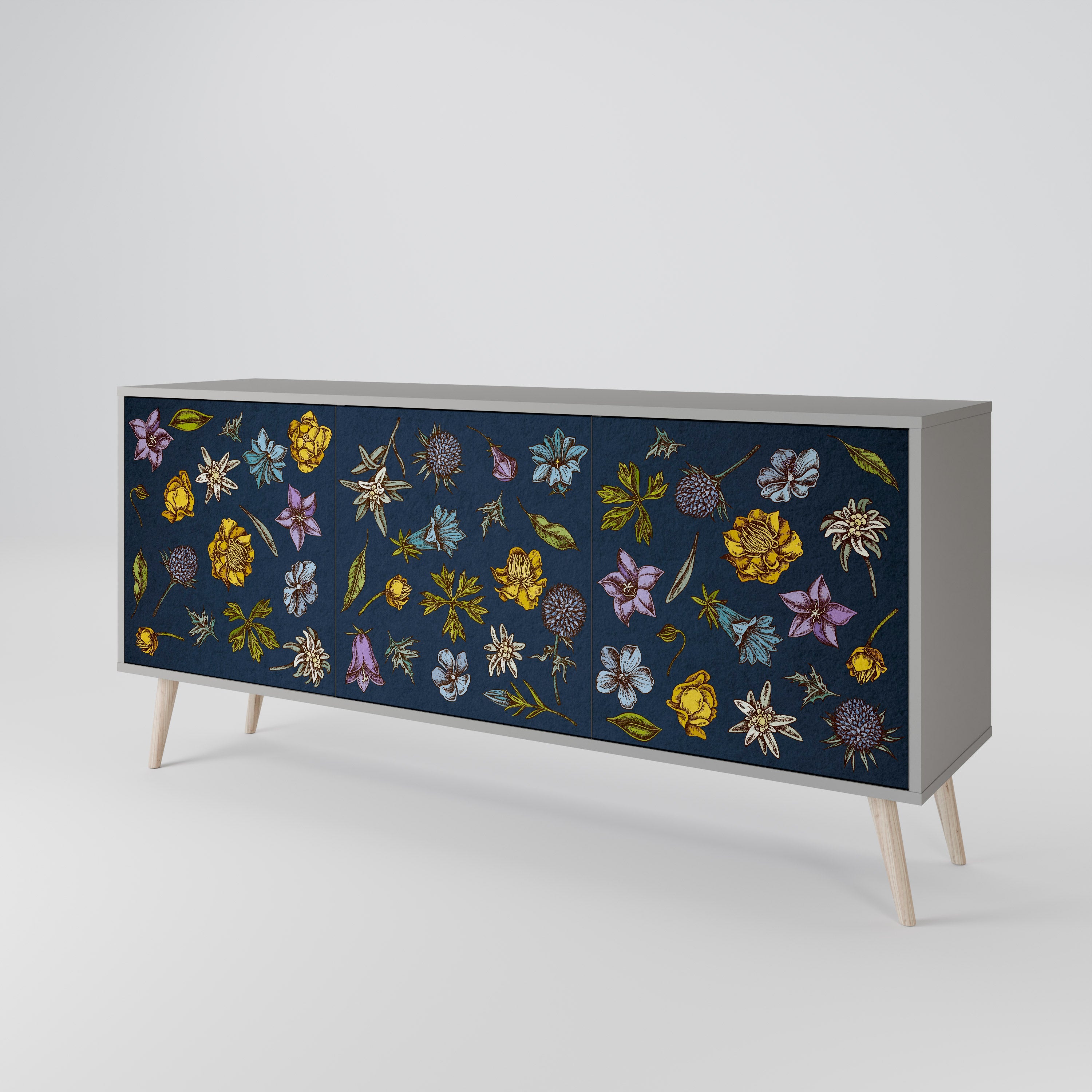 BLUMEN AUF MARINEBLAUEM 3-türigem Sideboard in grauem Finish
