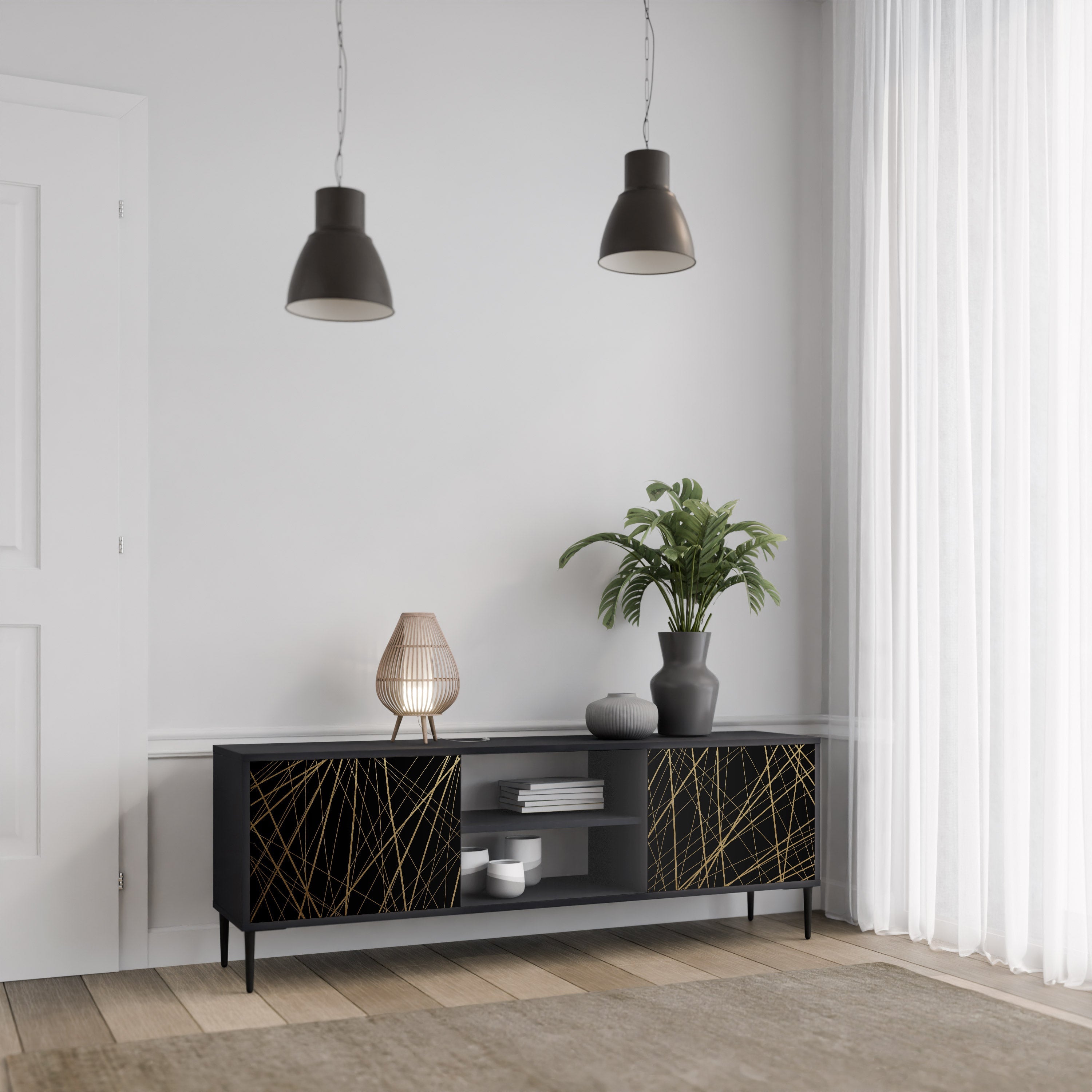 BRIGHT MESH TV-Lowboard mit 2 Türen in Schwarz