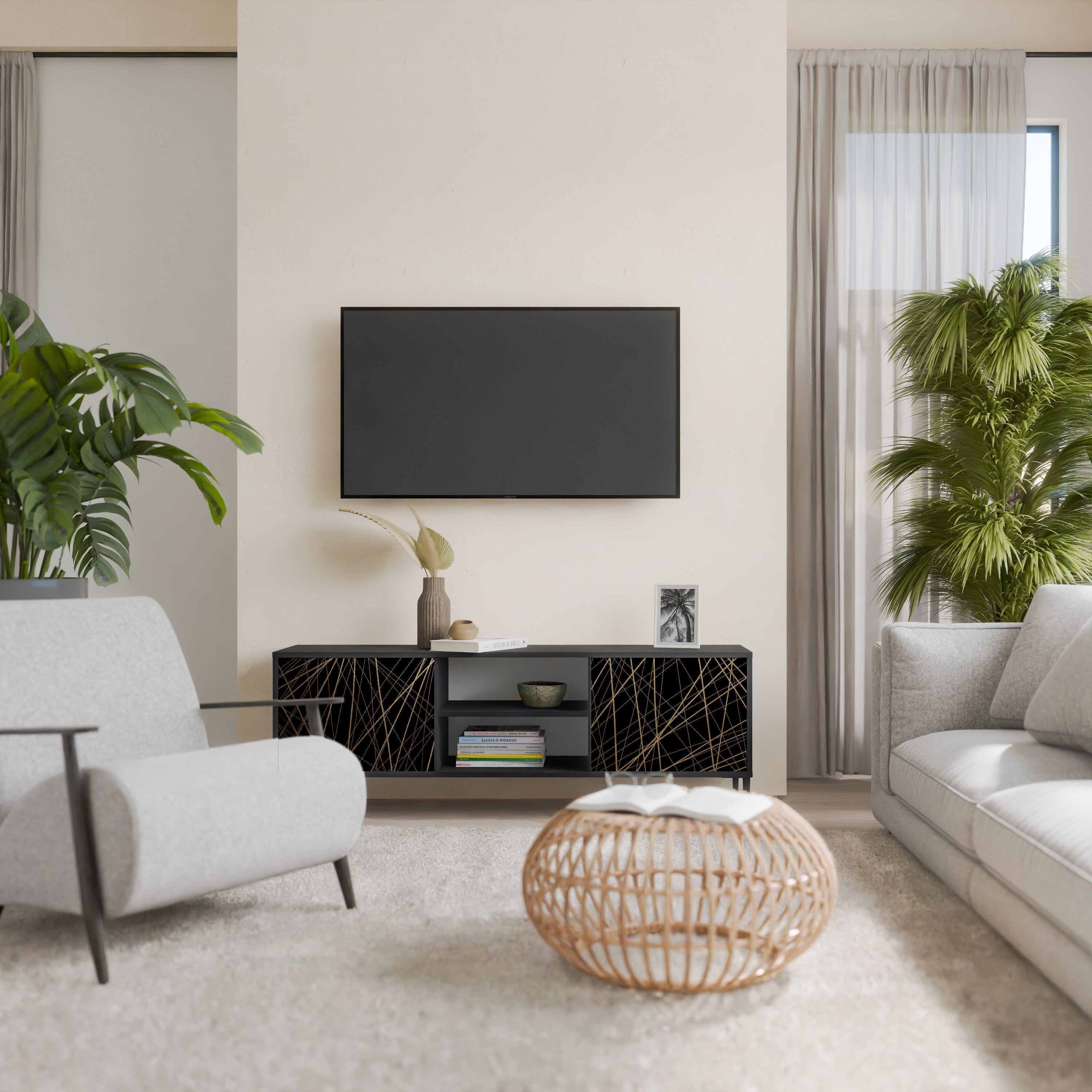 BRIGHT MESH TV-Lowboard mit 2 Türen in Schwarz