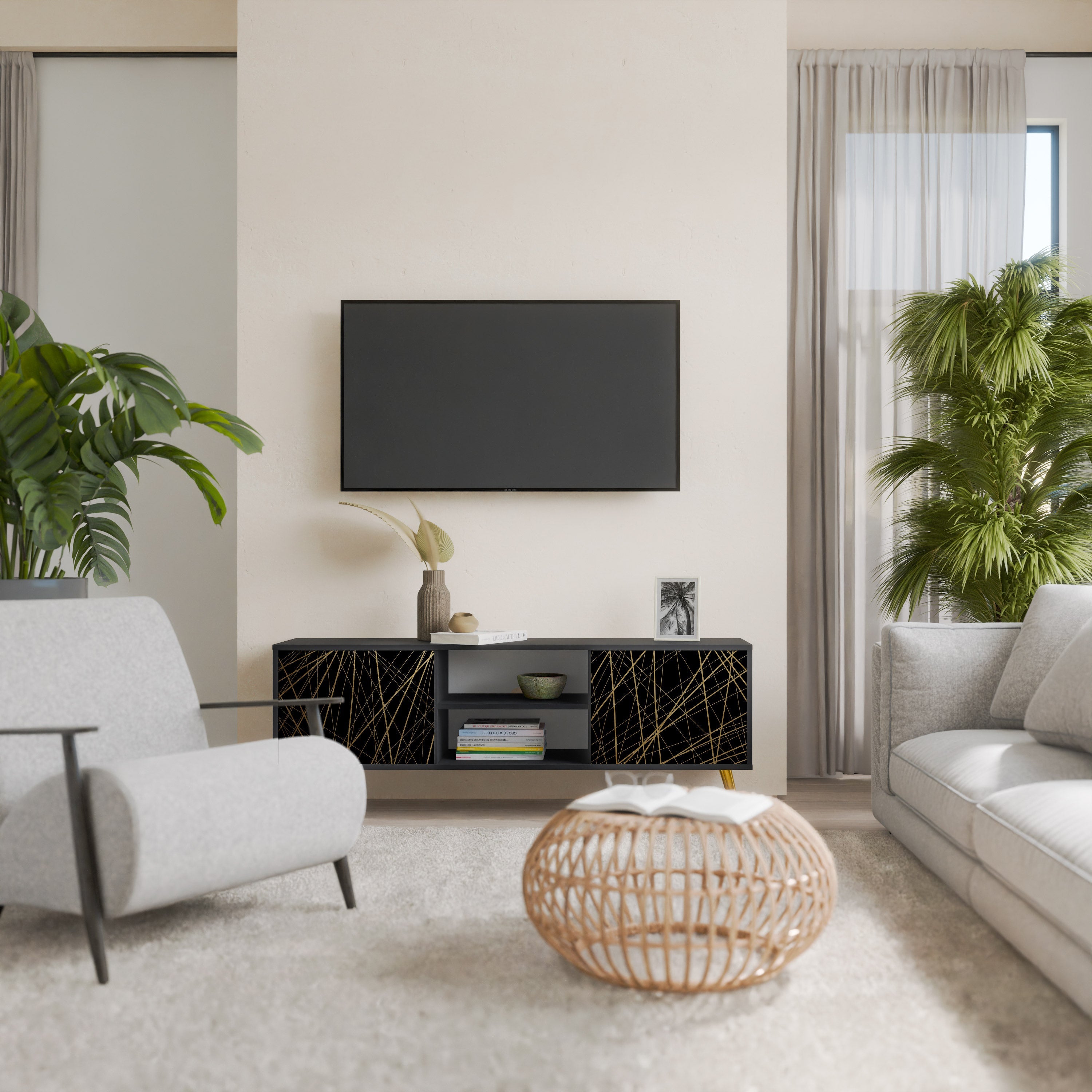 BRIGHT MESH TV-Lowboard mit 2 Türen in Schwarz