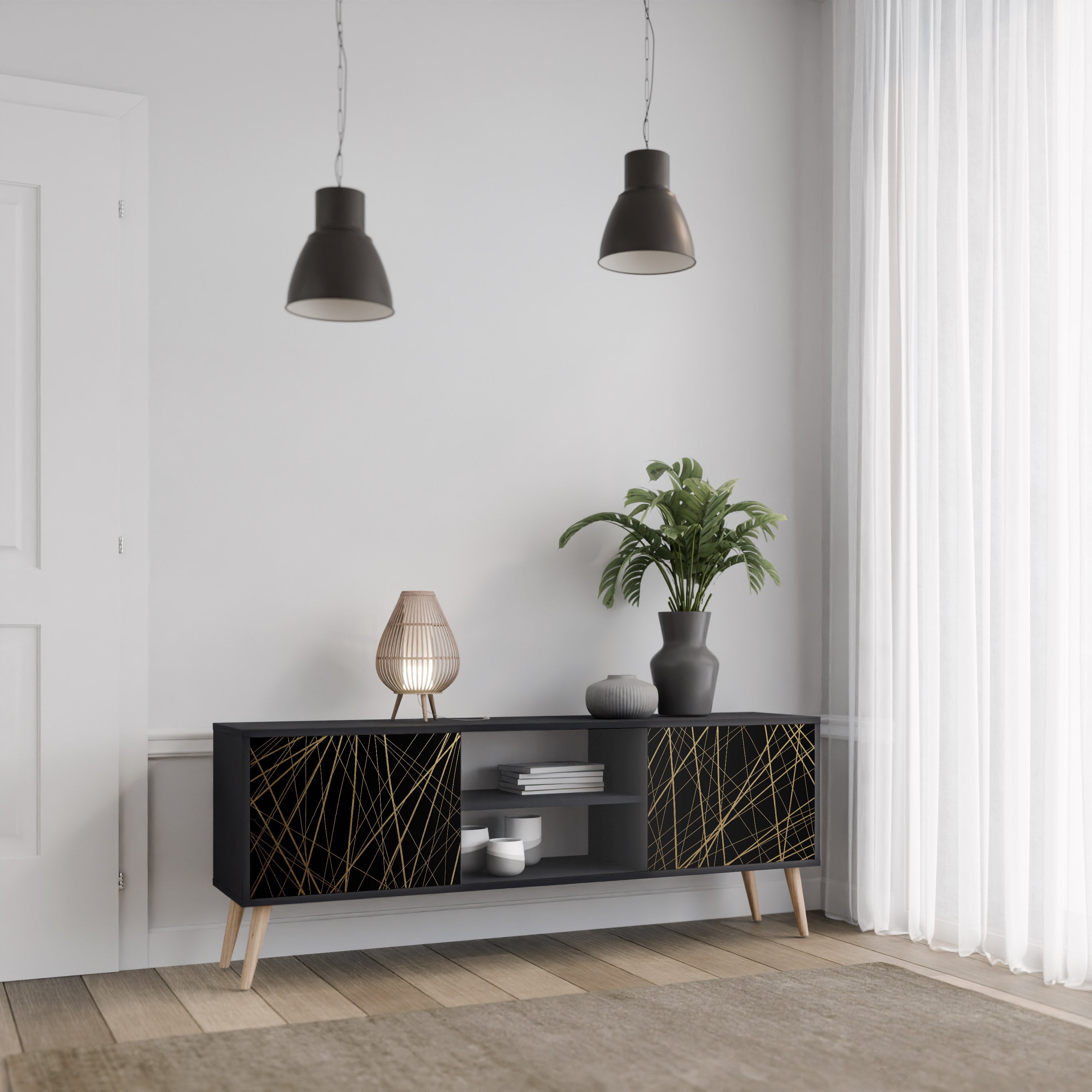 BRIGHT MESH TV-Lowboard mit 2 Türen in Schwarz