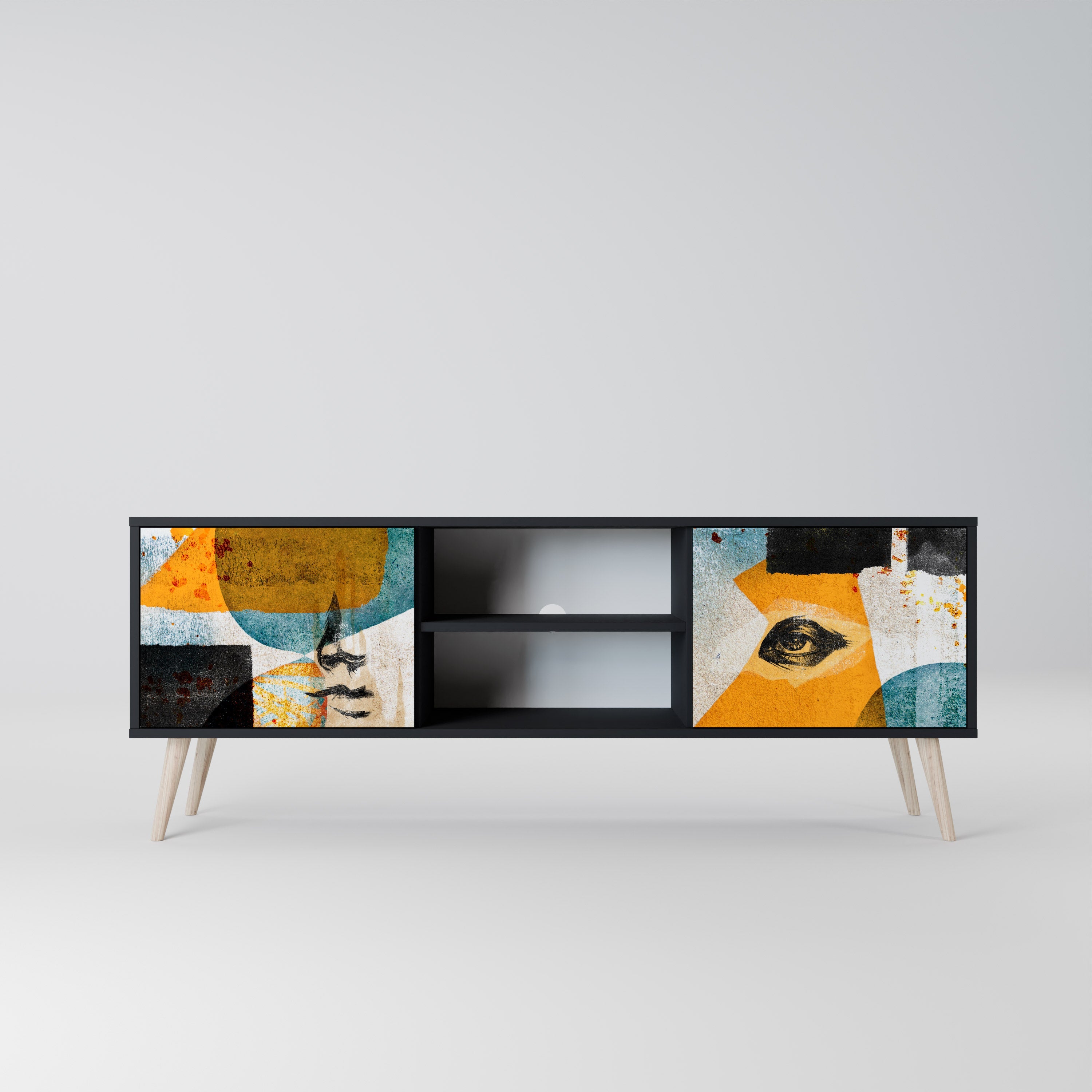 ABSTRACT FACES TV-Ständer mit 2 Türen in Schwarz
