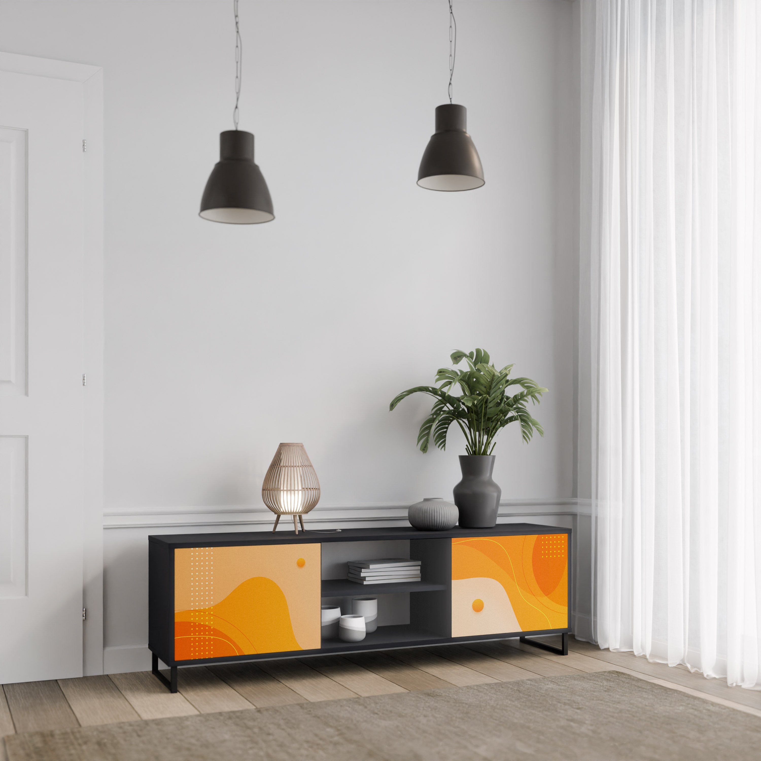 ORANGE ARRANGEMENT 2-Door TV Stand in Black Finish