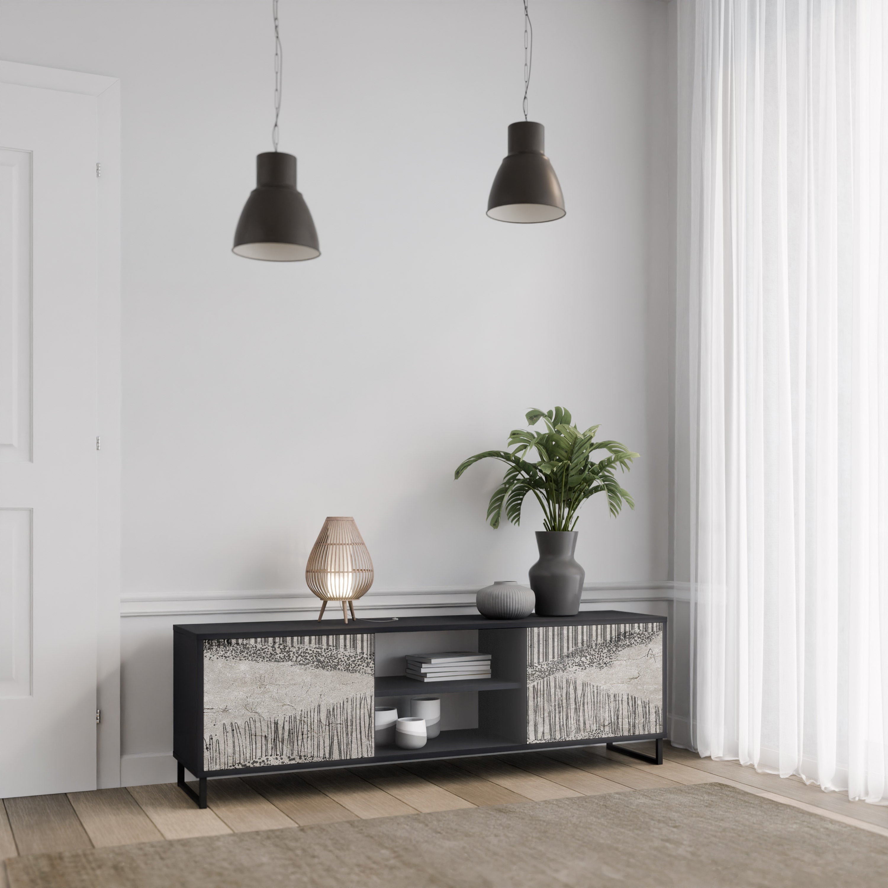 GRAIN LINES 2-Door TV Stand in Black Finish