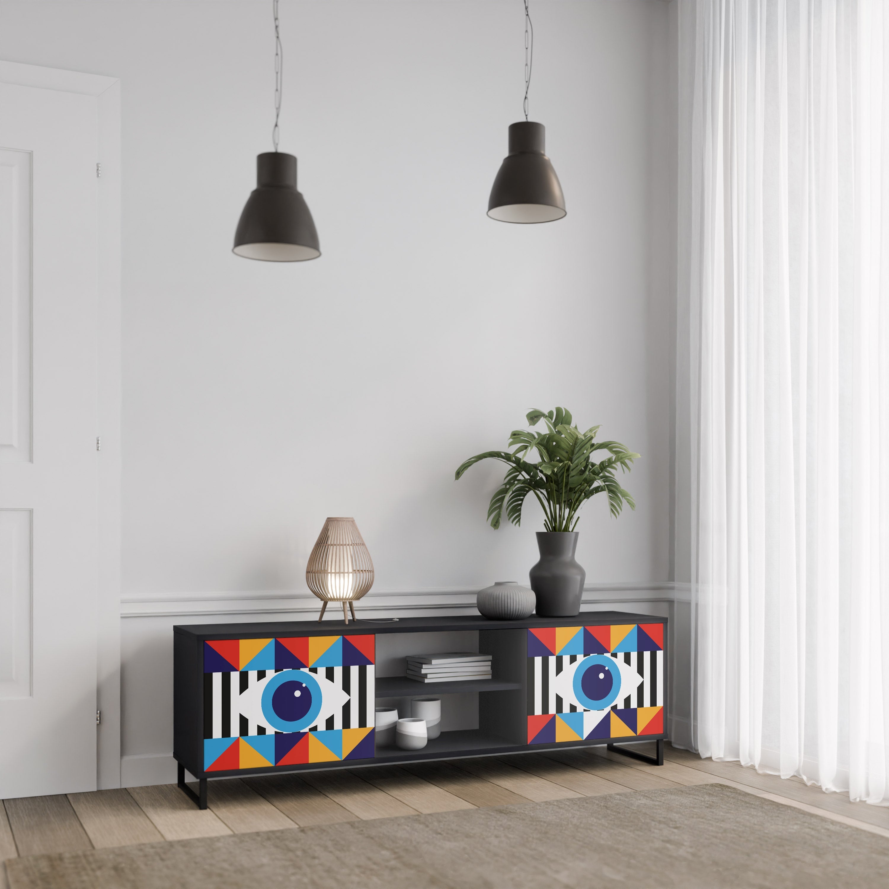 ABSTRACTION AND GEOMETRY 2-Door TV Stand in Black Finish