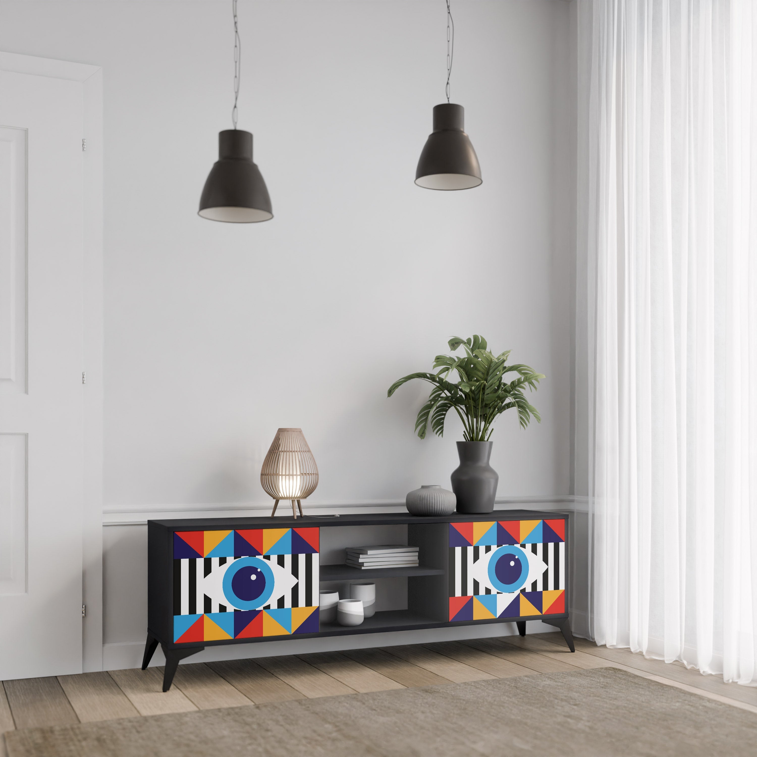 ABSTRACTION AND GEOMETRY 2-Door TV Stand in Black Finish
