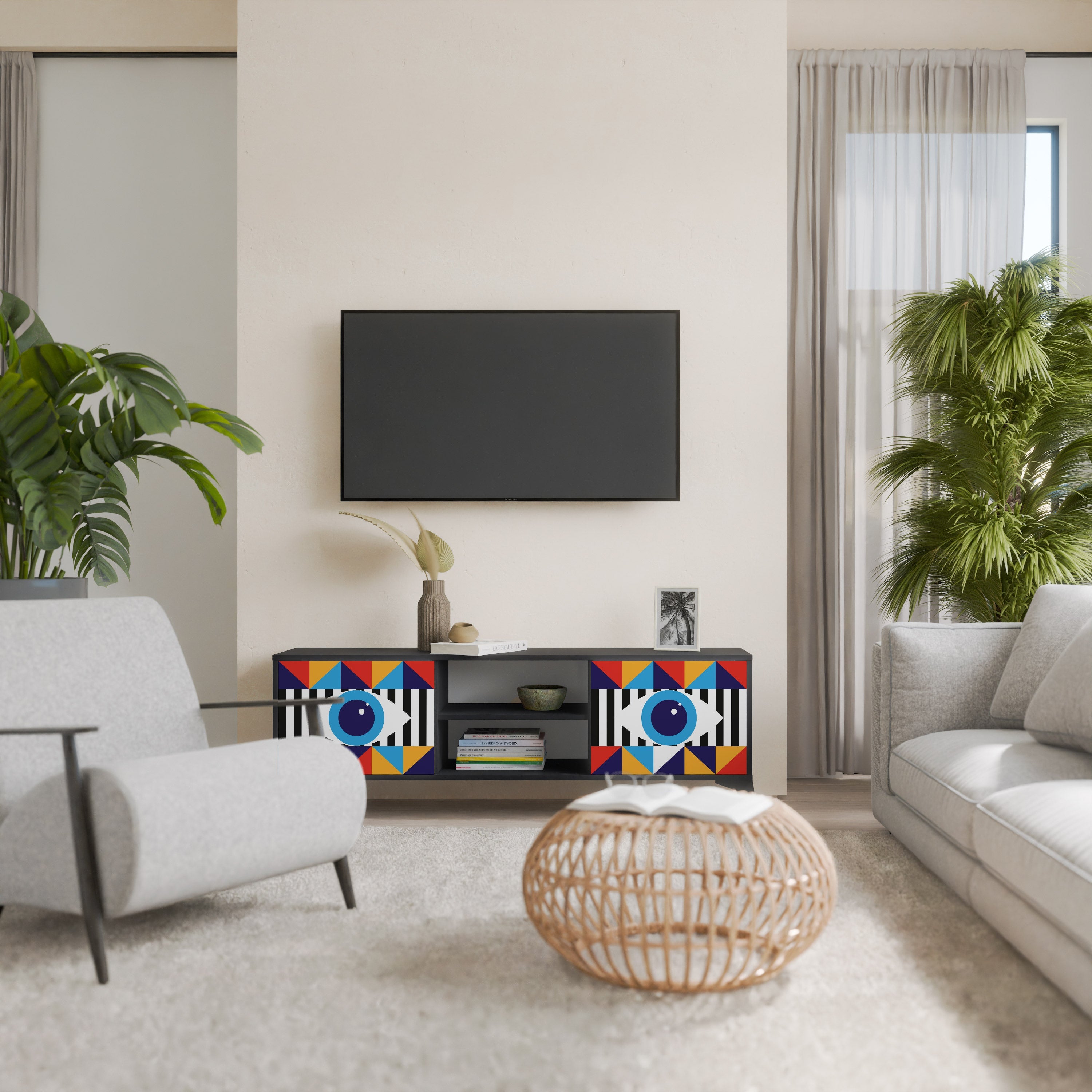 ABSTRACTION AND GEOMETRY 2-Door TV Stand in Black Finish