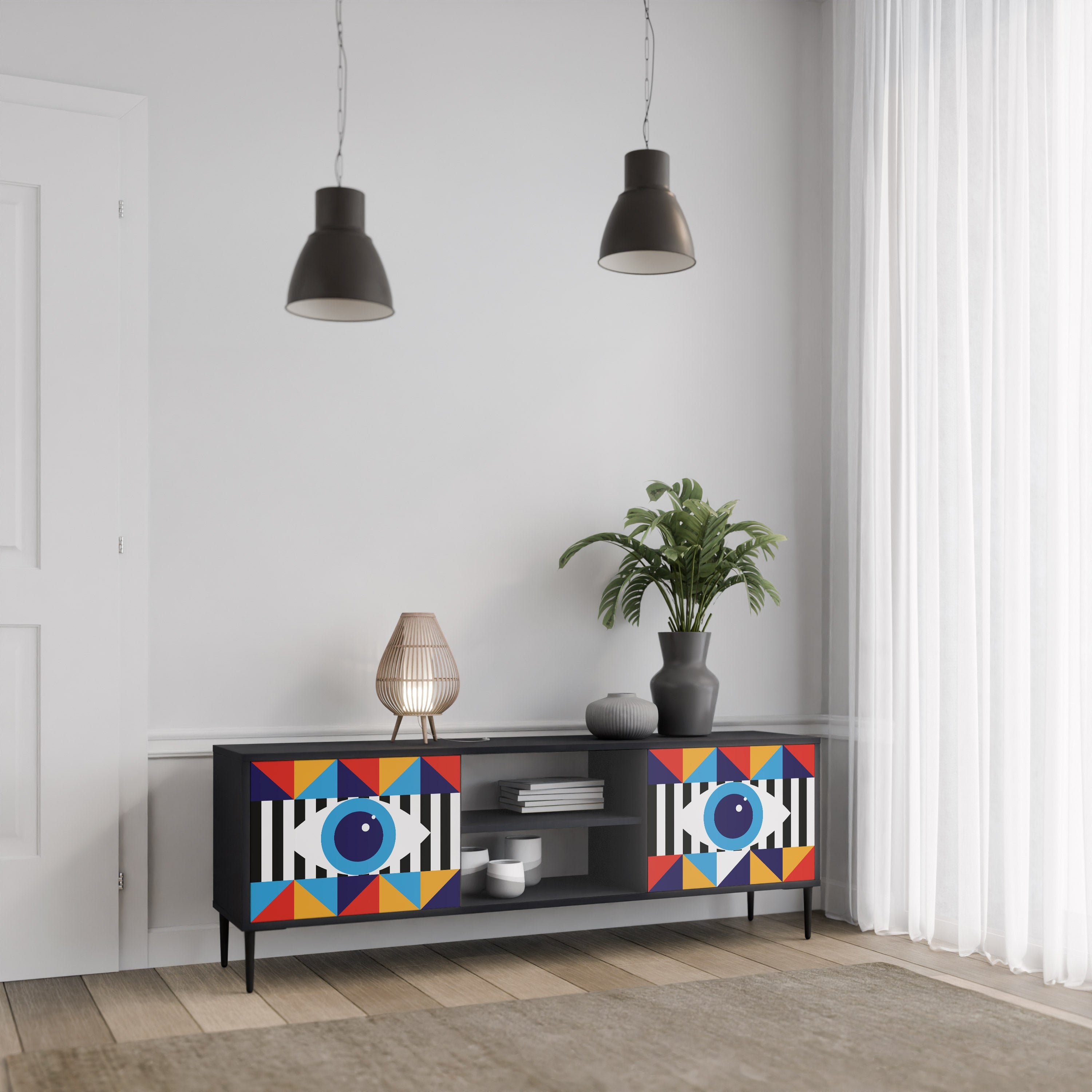 ABSTRACTION AND GEOMETRY 2-Door TV Stand in Black Finish