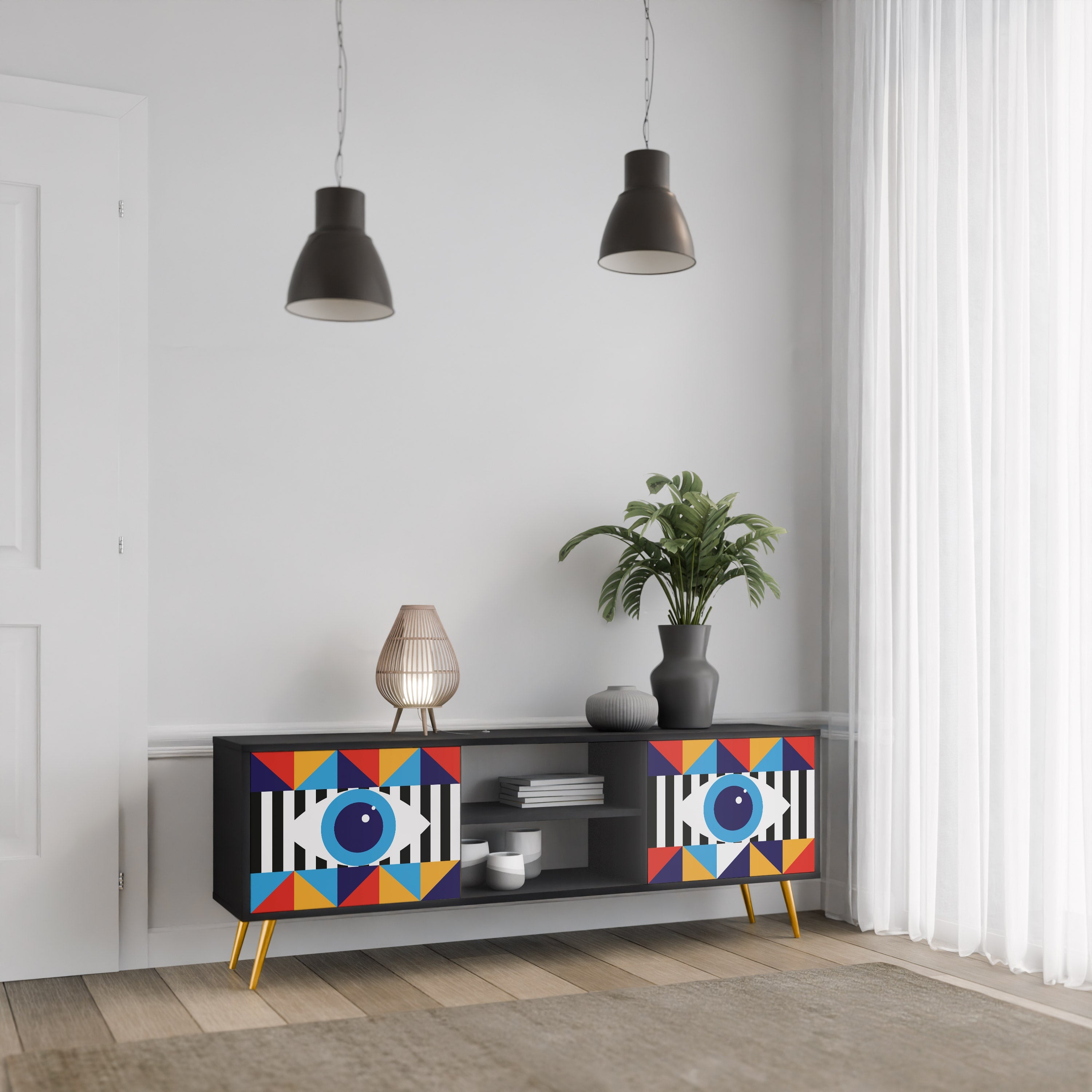 ABSTRACTION AND GEOMETRY 2-Door TV Stand in Black Finish