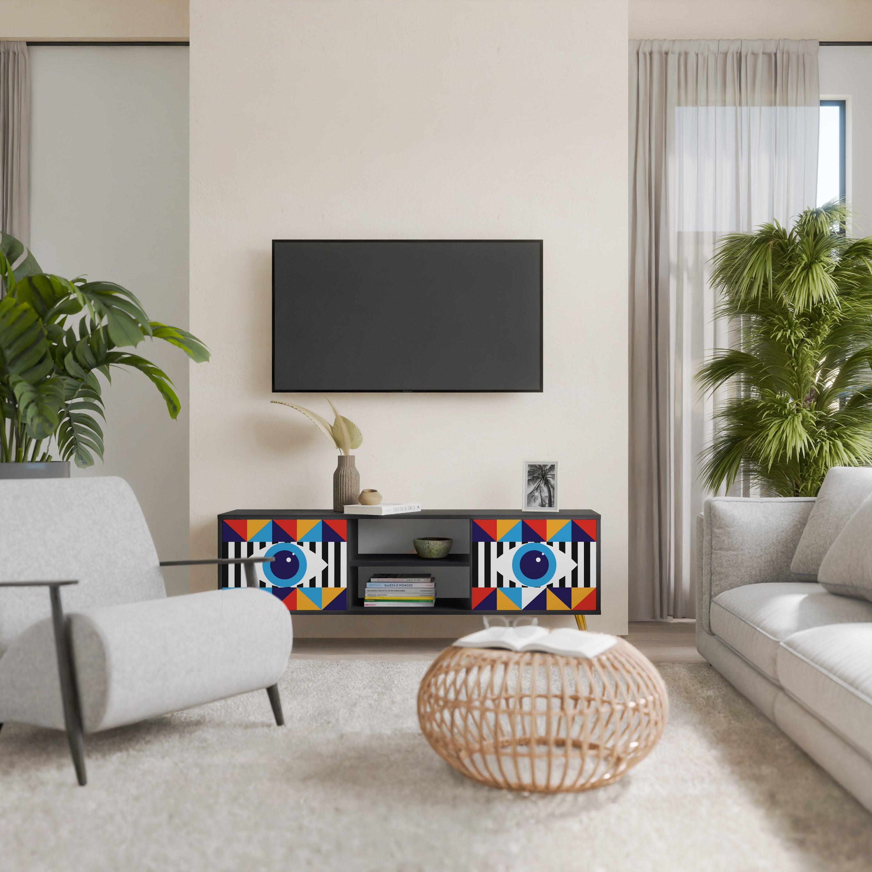 ABSTRACTION AND GEOMETRY 2-Door TV Stand in Black Finish