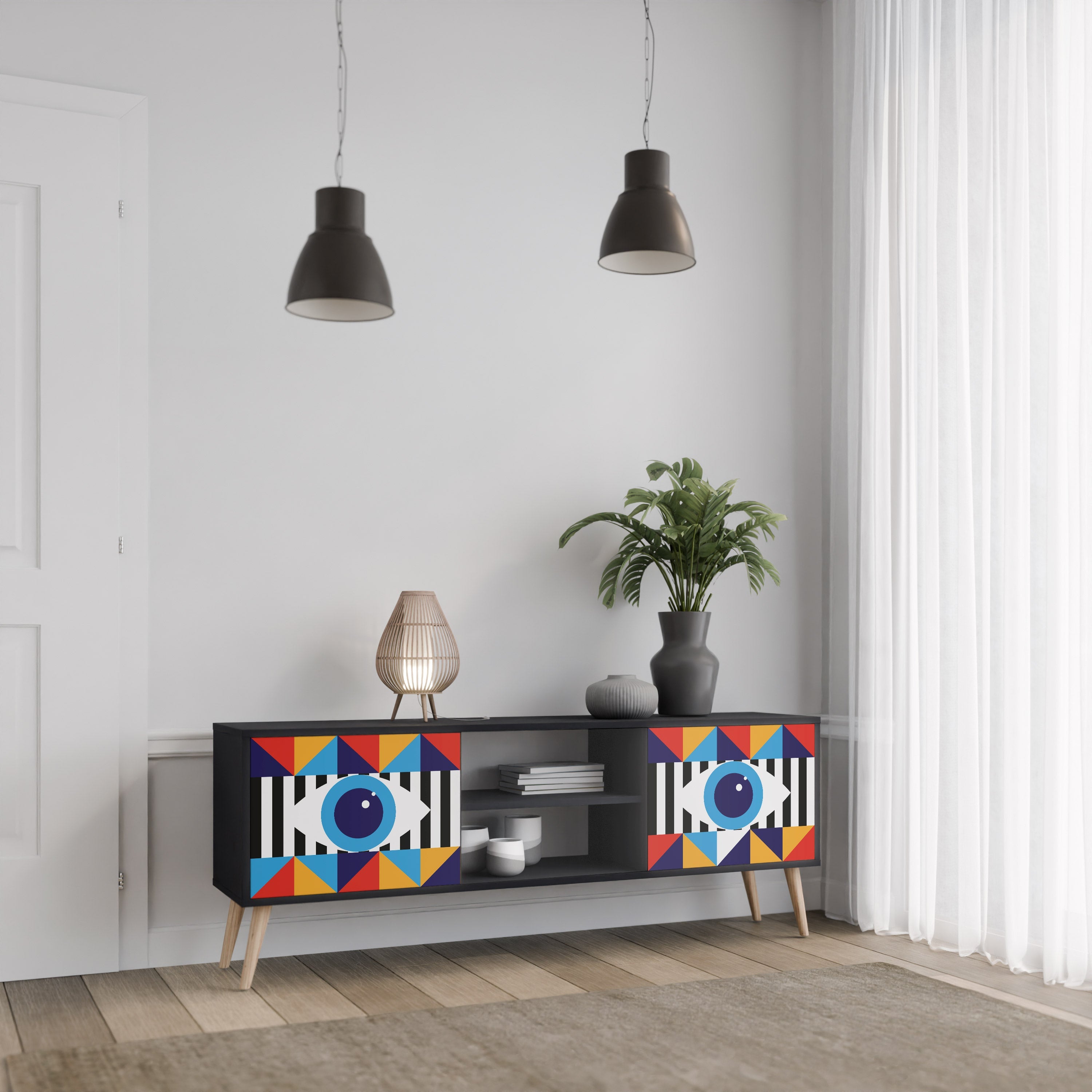 ABSTRACTION AND GEOMETRY 2-Door TV Stand in Black Finish