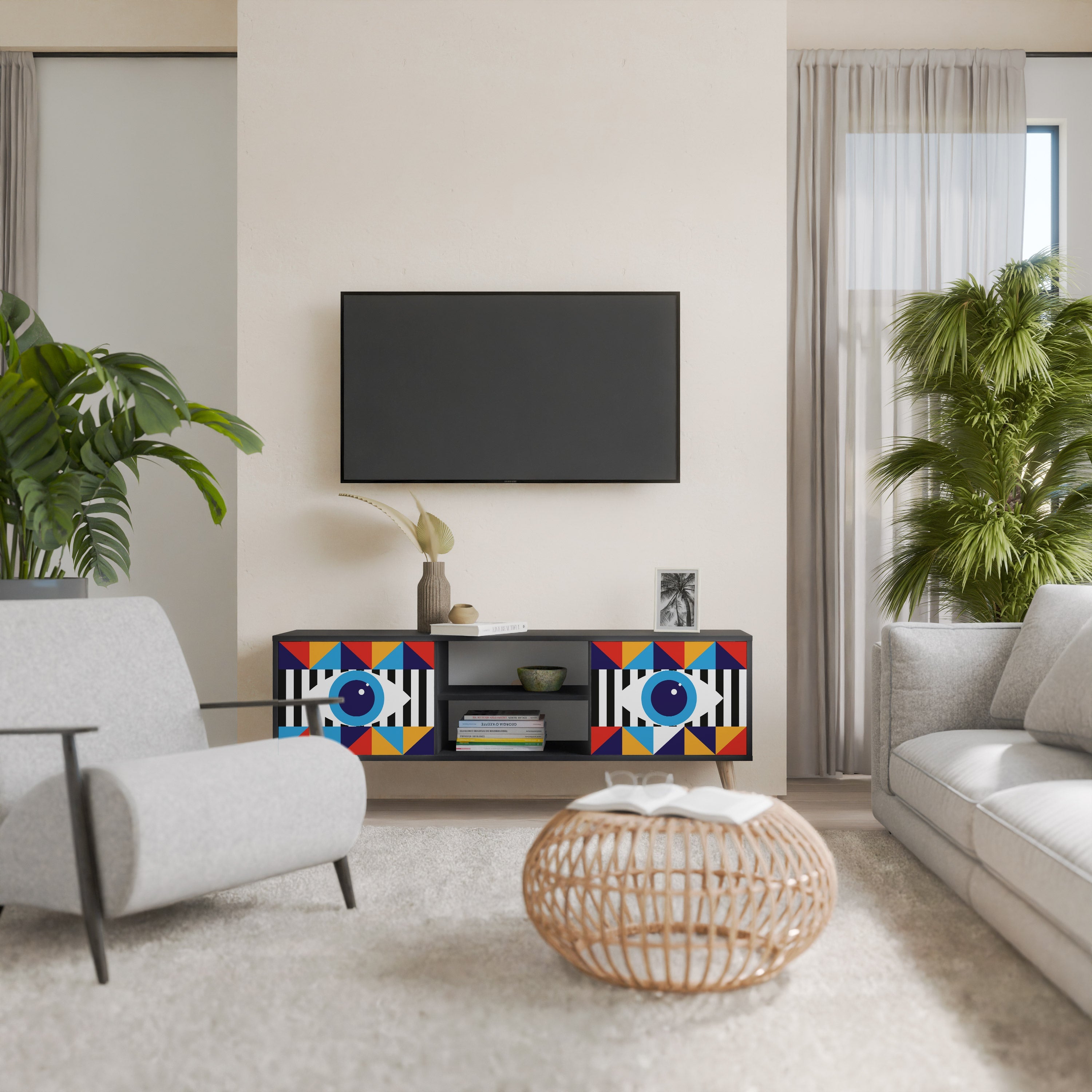 ABSTRACTION AND GEOMETRY 2-Door TV Stand in Black Finish