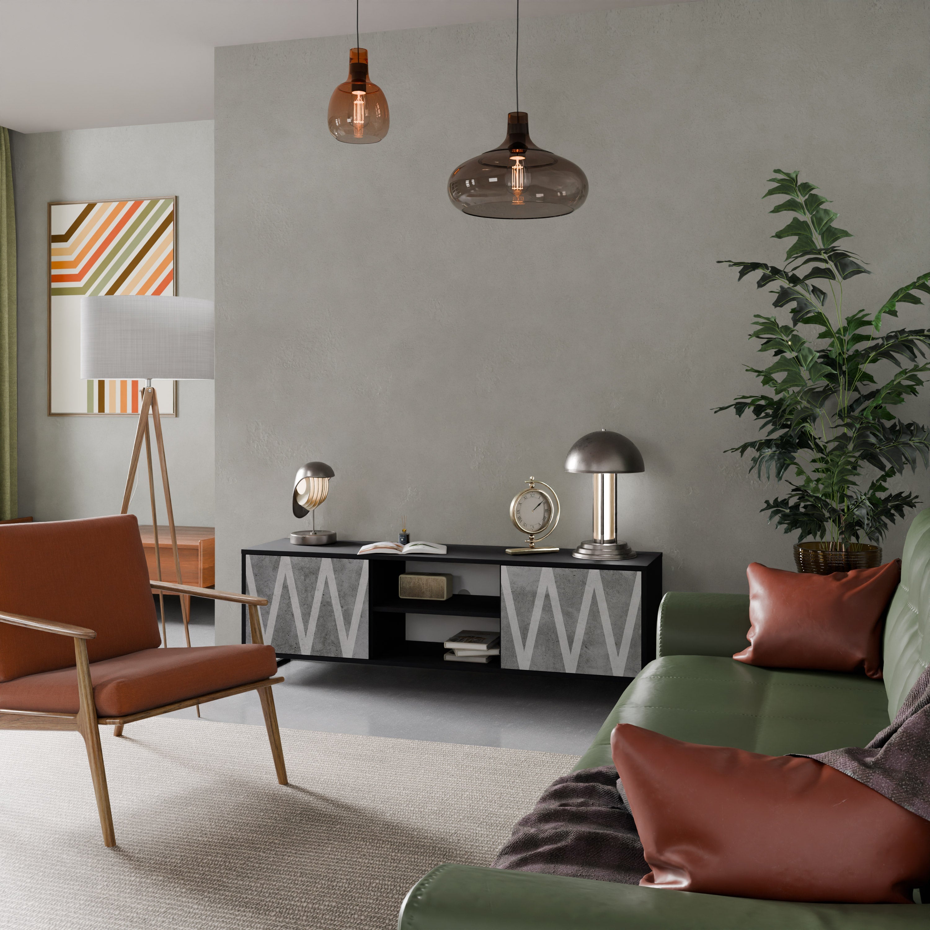 SOLID ZIG ZAG TV-Lowboard mit 2 Türen in Schwarz