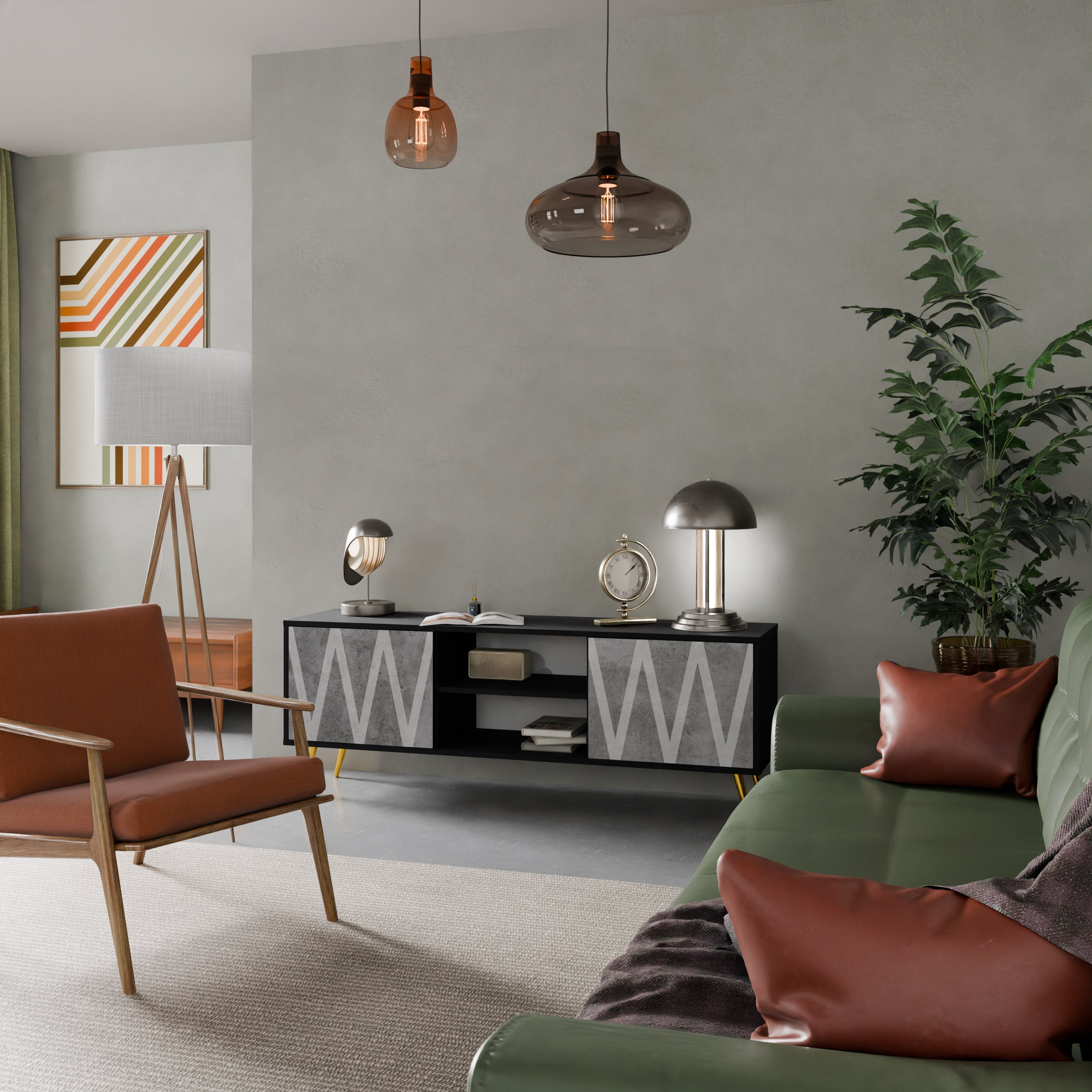 SOLID ZIG ZAG TV-Lowboard mit 2 Türen in Schwarz