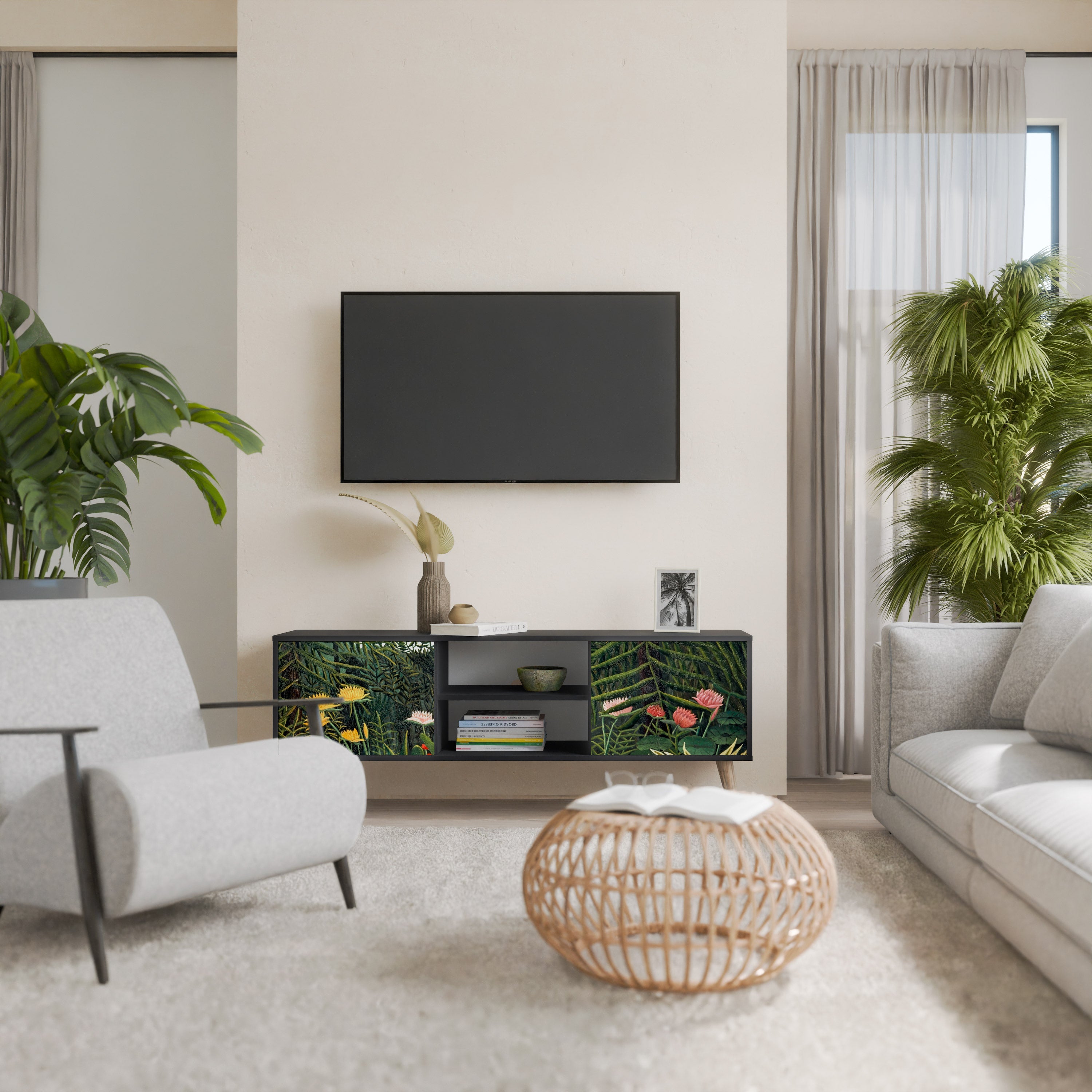 VIRGIN FOREST WITH SUNSET 2-Door TV Stand in Black Finish