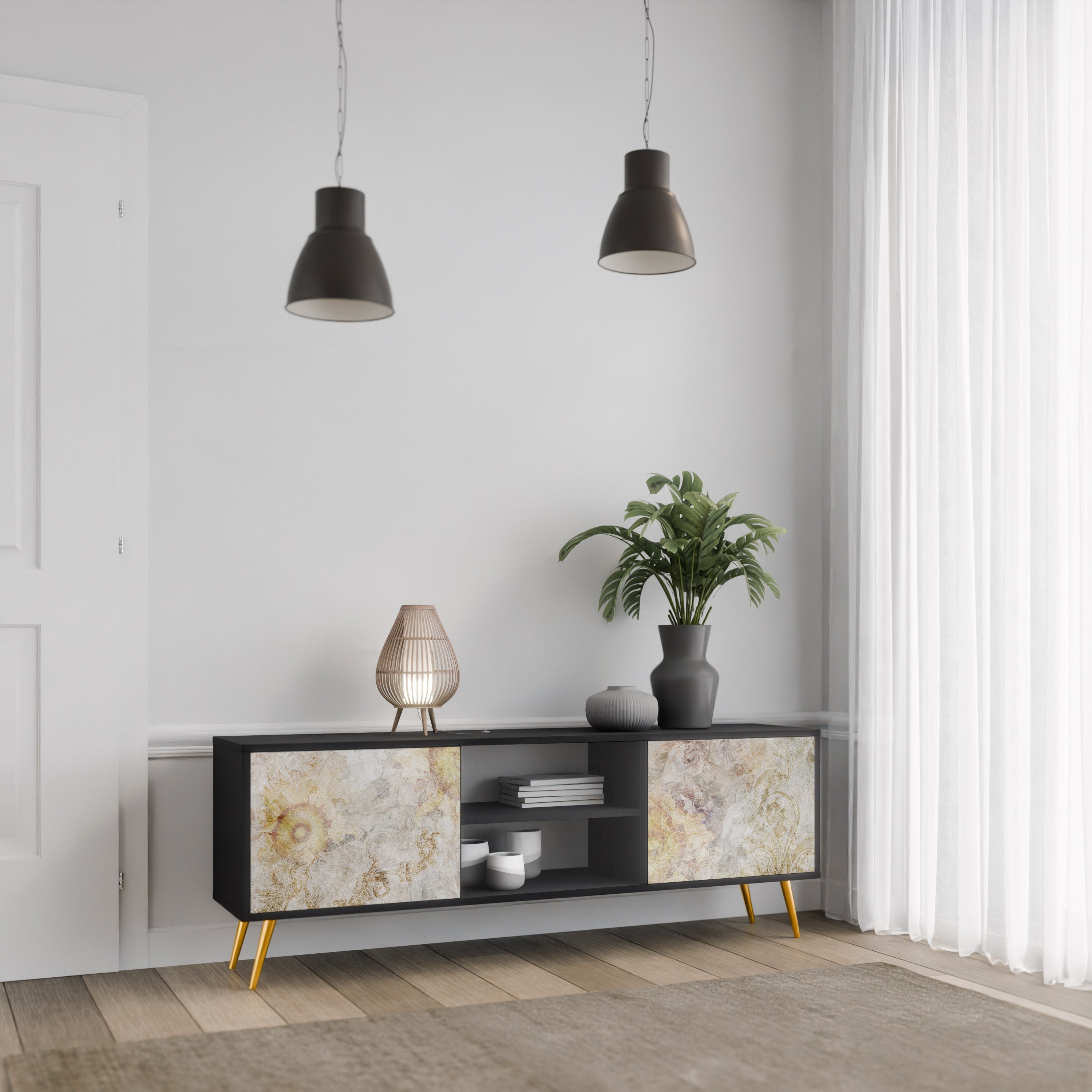 SUNFLOWER BLUR 2-Door TV Stand in Black Finish