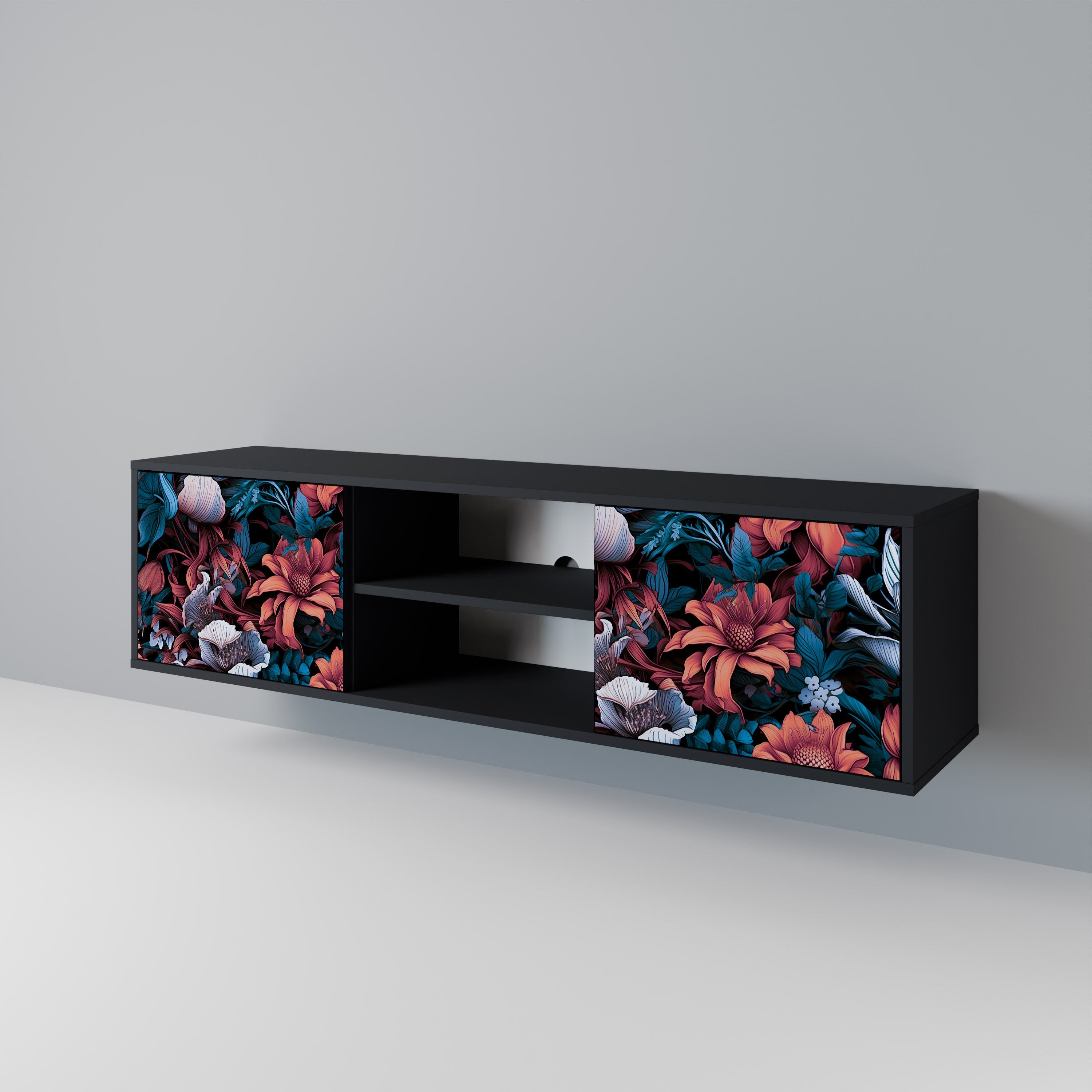ETHEREAL BLOSSOMS 2-Door TV Stand in Black Finish