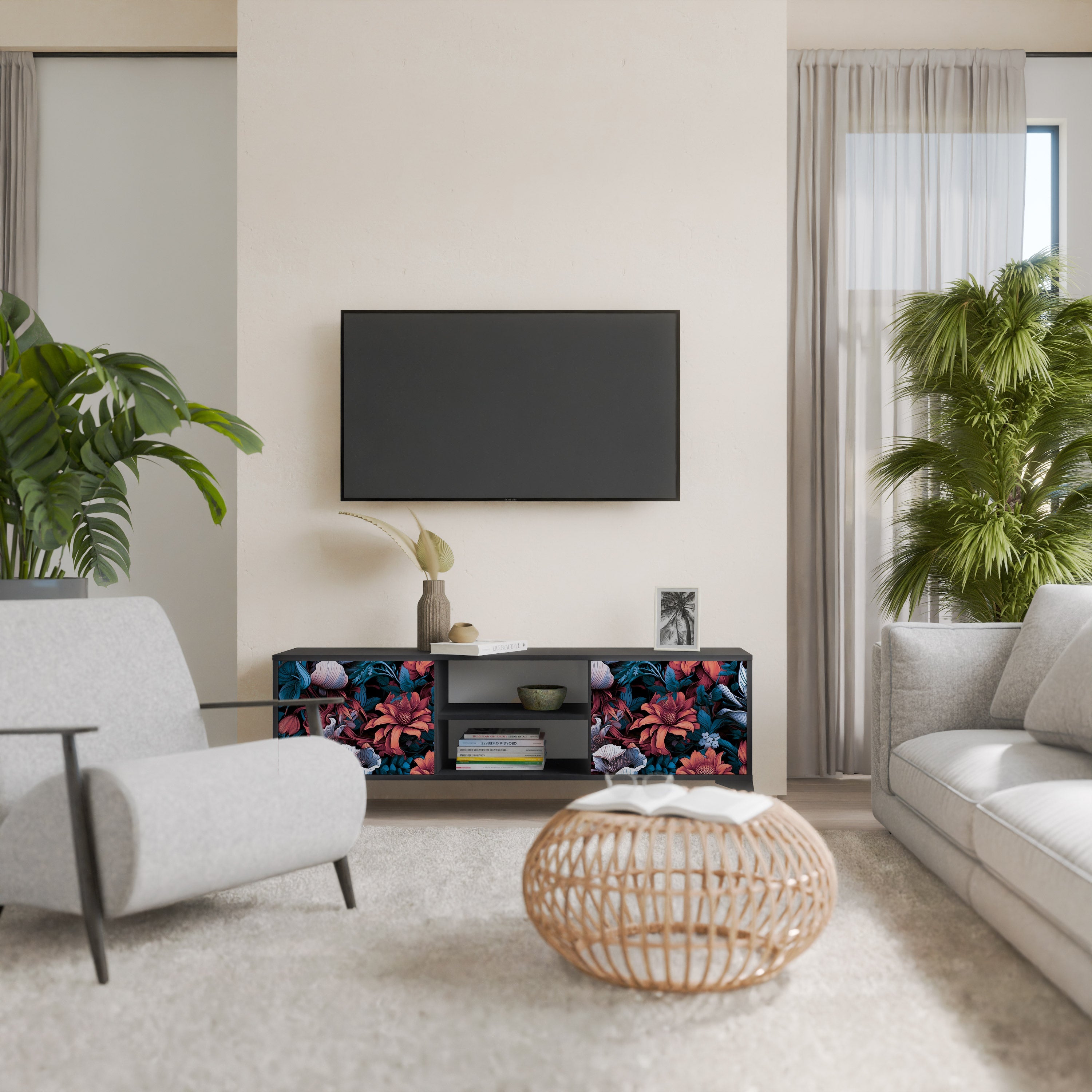 ETHEREAL BLOSSOMS 2-Door TV Stand in Black Finish