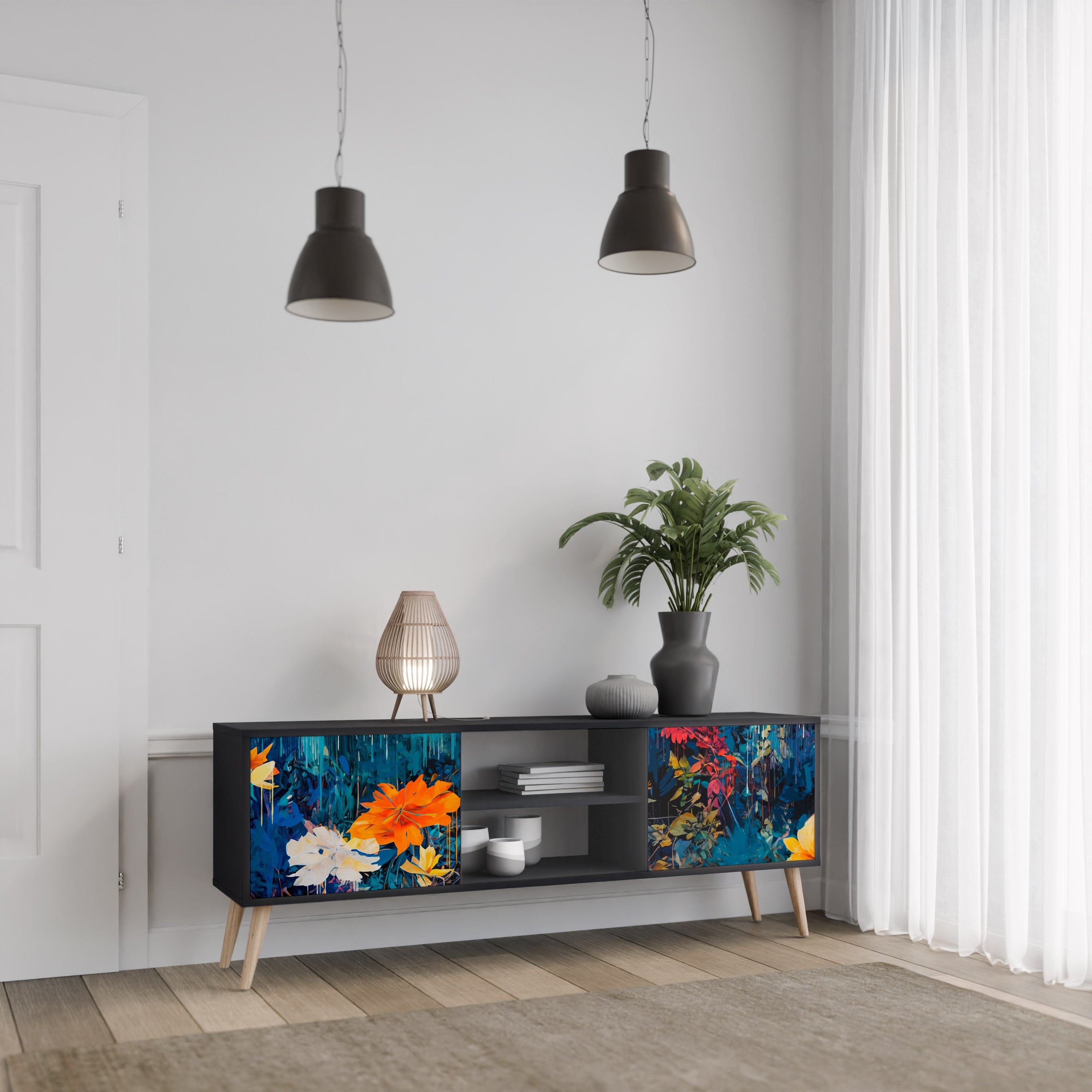 MIDNIGHT BLOSSOM TV-Lowboard mit 2 Türen in Schwarz
