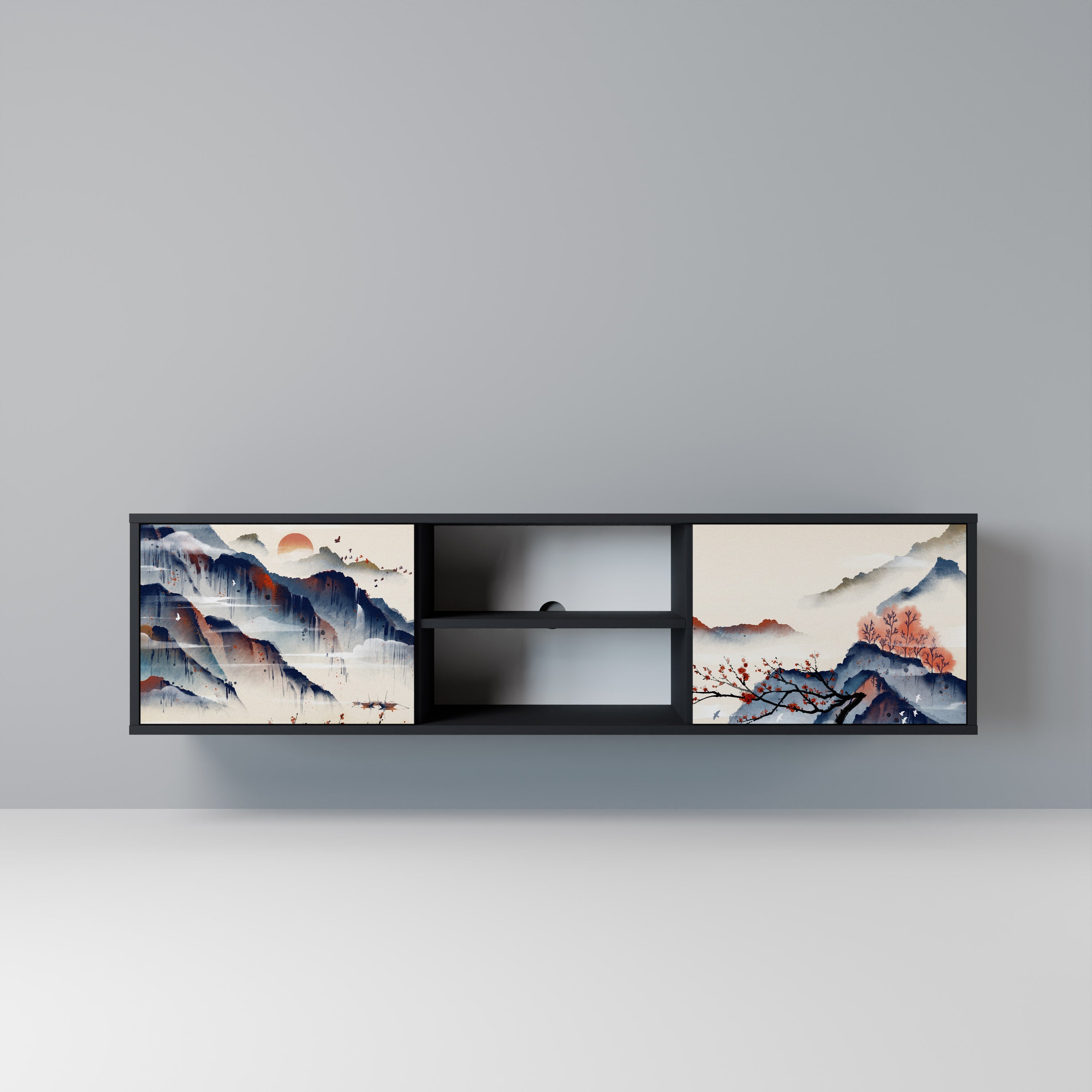 JAPANESE LANDSCAPE TV-Lowboard mit 2 Türen in Schwarz