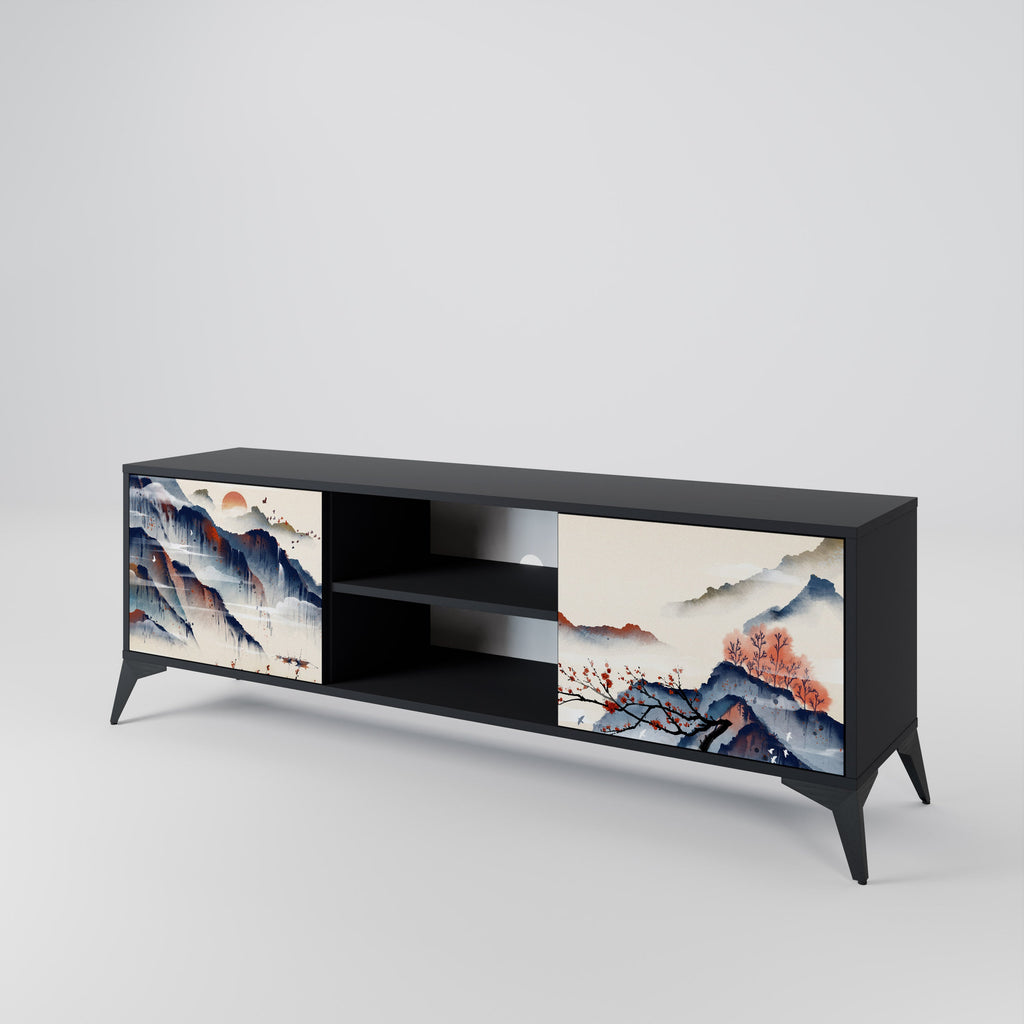 JAPANESE LANDSCAPE 2-Door TV Stand in Black Finish