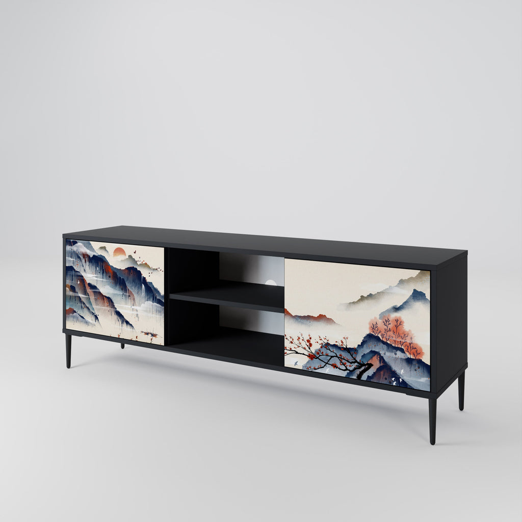 JAPANESE LANDSCAPE 2-Door TV Stand in Black Finish