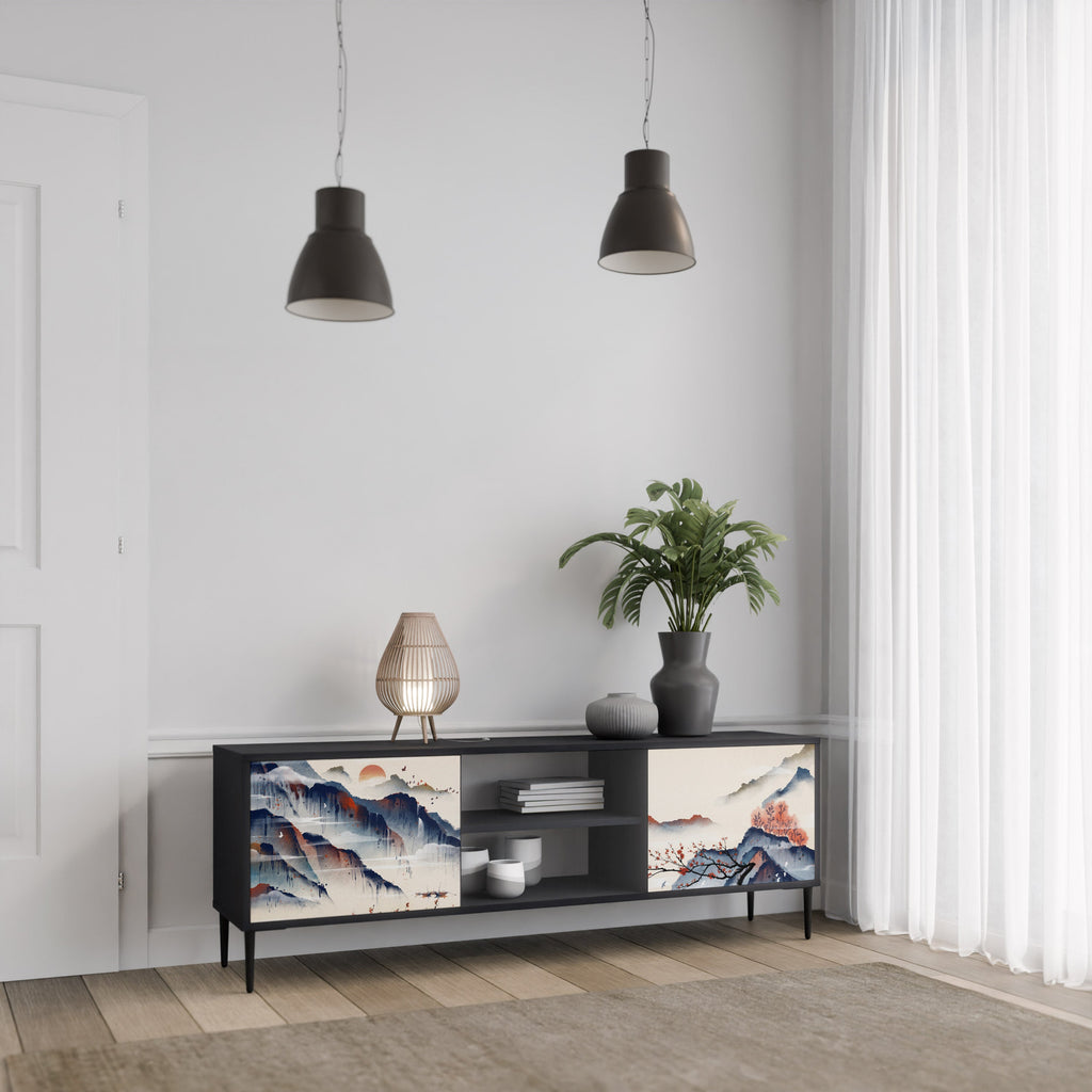 JAPANESE LANDSCAPE 2-Door TV Stand in Black Finish