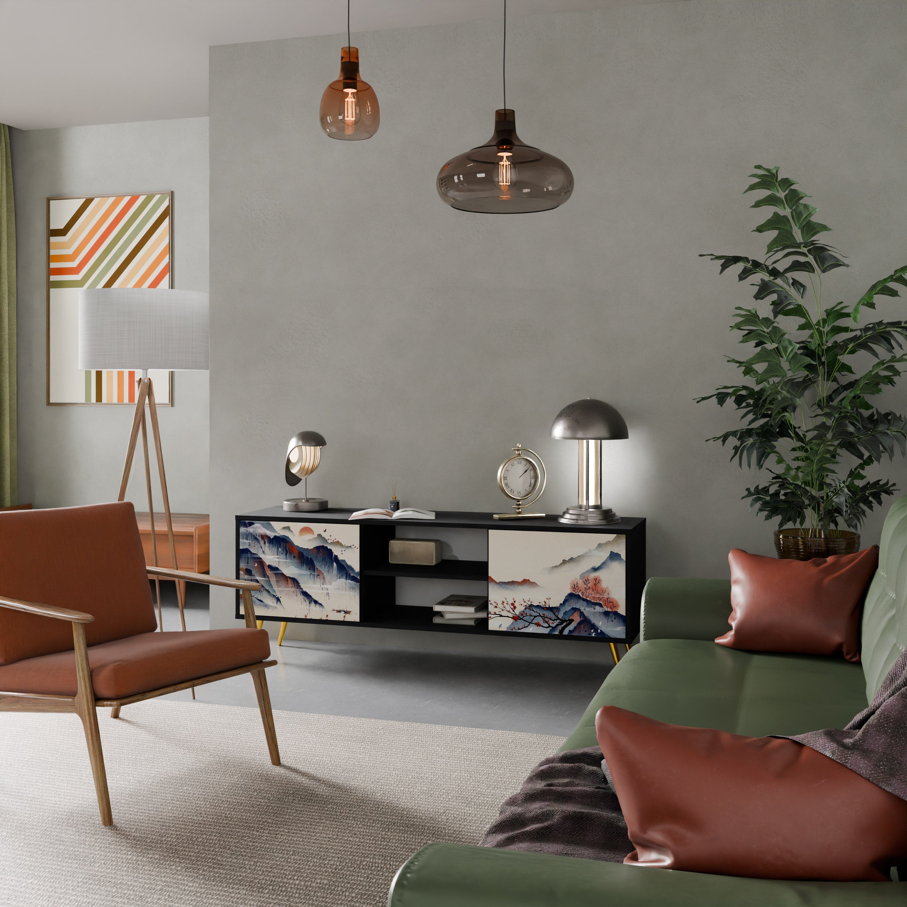 JAPANESE LANDSCAPE 2-Door TV Stand in Black Finish