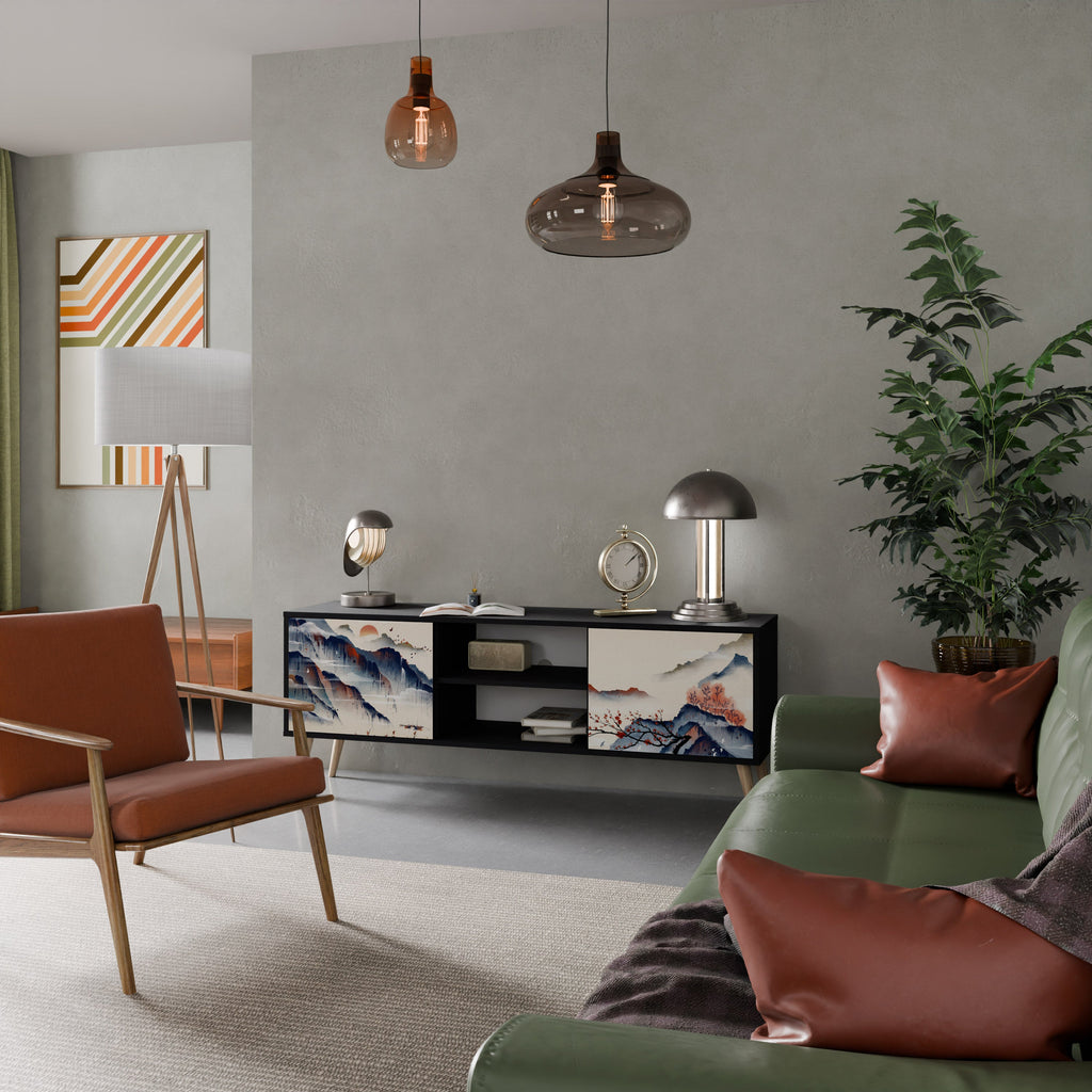 JAPANESE LANDSCAPE 2-Door TV Stand in Black Finish