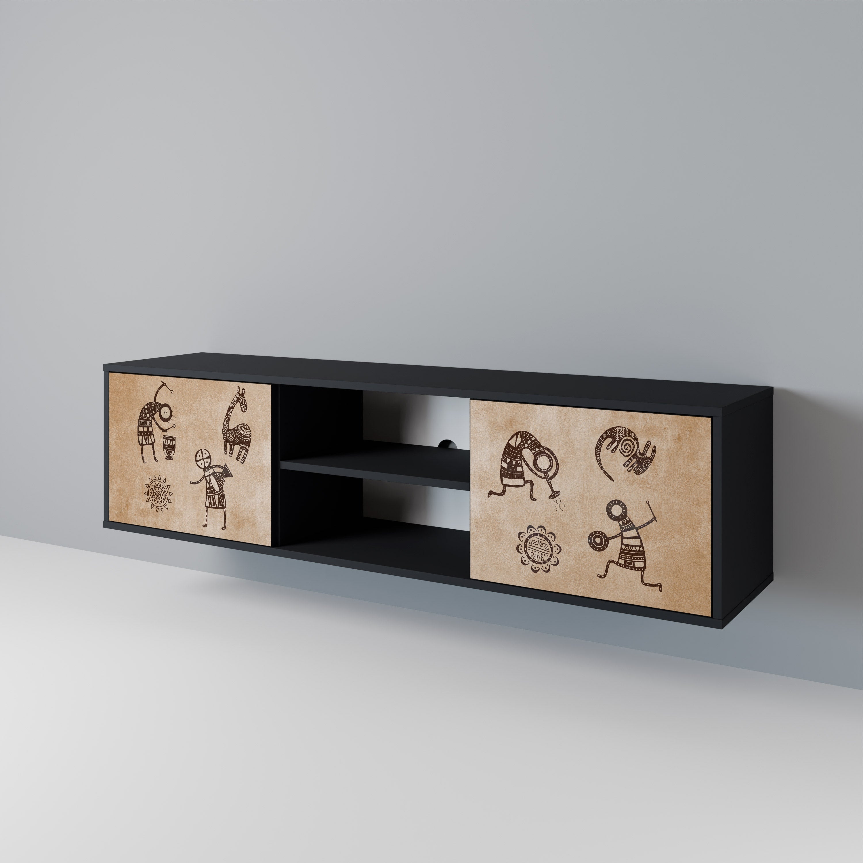 AFRICAN STYLE 2-Door TV Stand in Black Finish