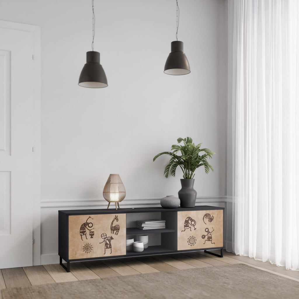 AFRICAN STYLE 2-Door TV Stand in Black Finish