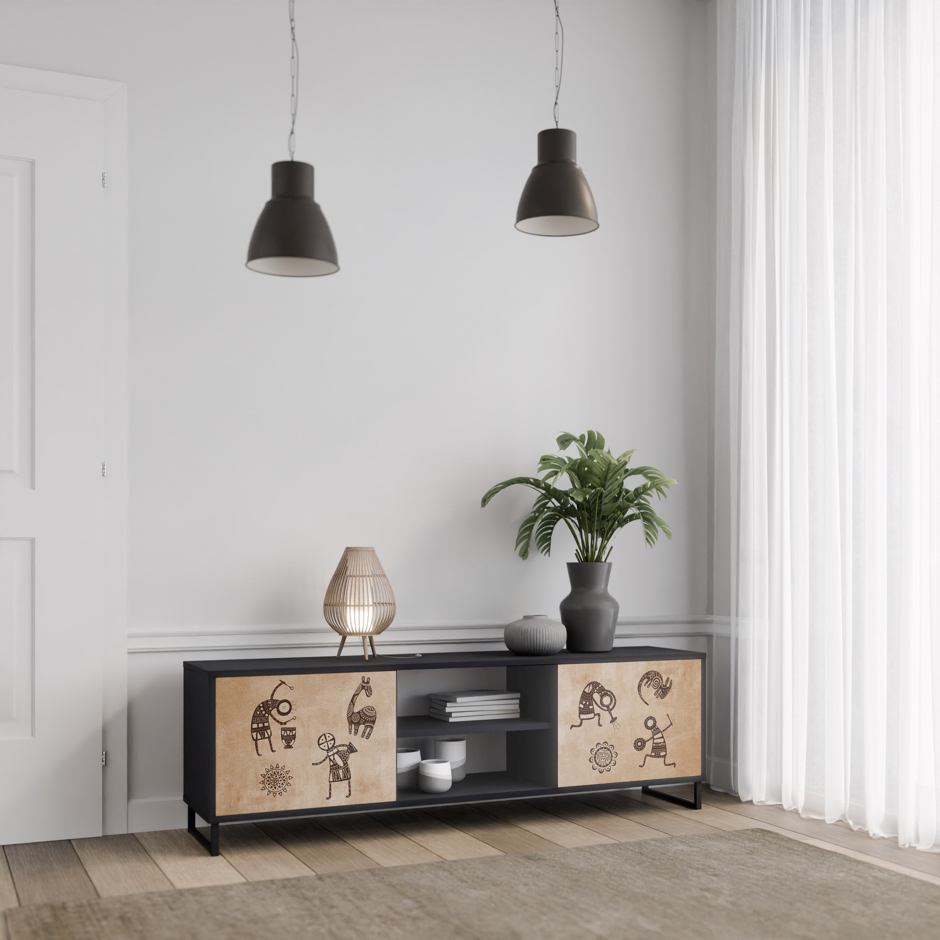 AFRICAN STYLE 2-Door TV Stand in Black Finish