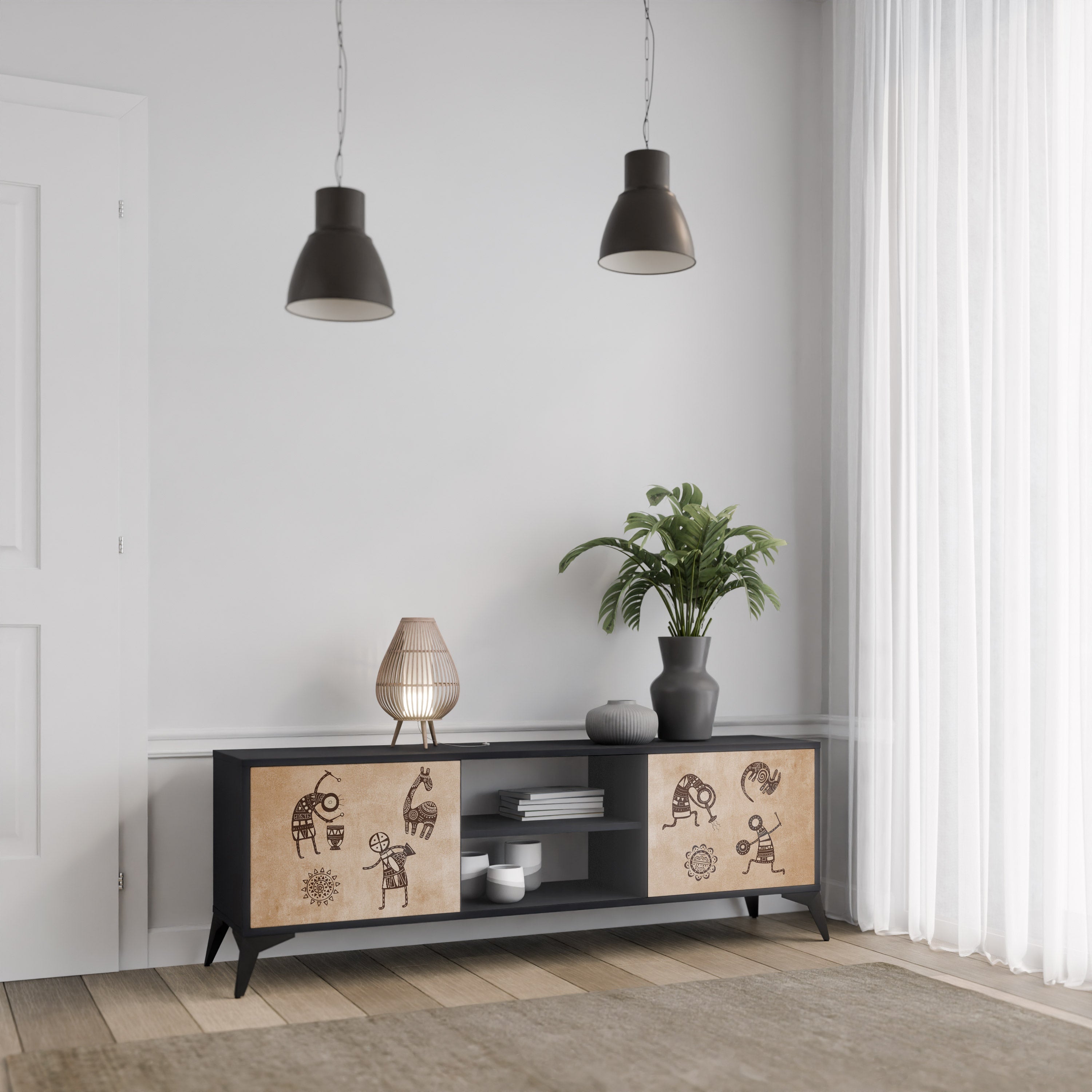 AFRICAN STYLE 2-Door TV Stand in Black Finish