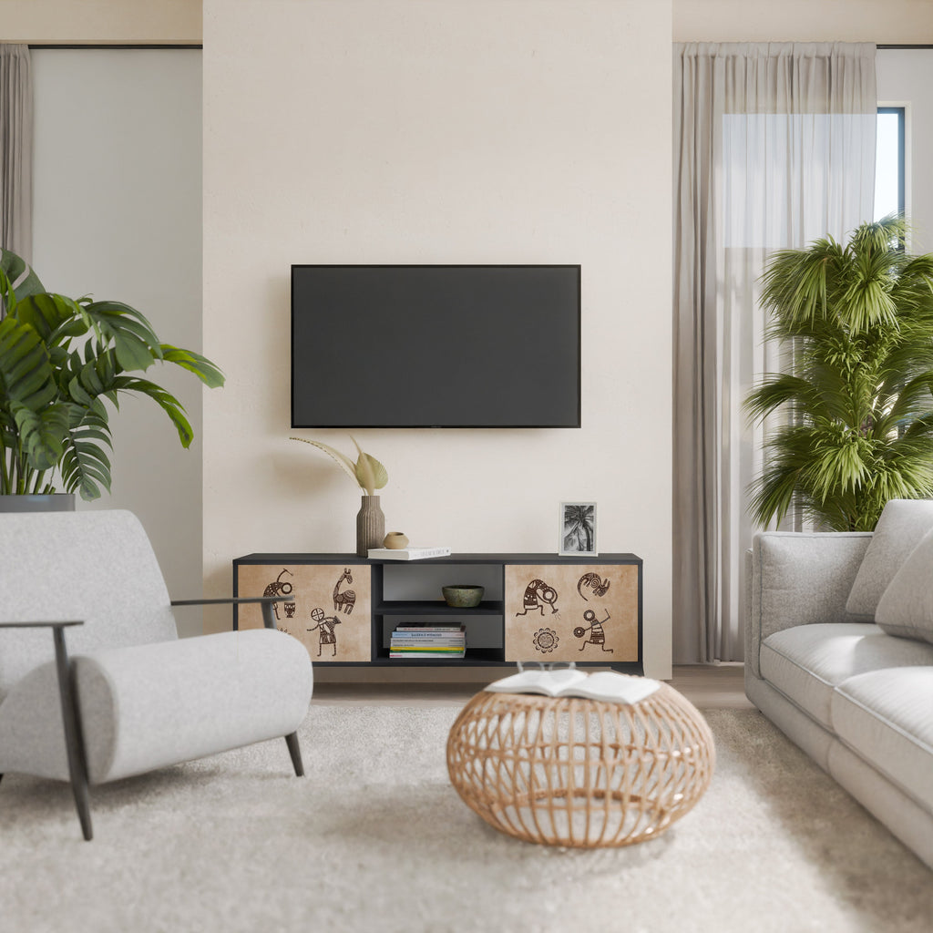 AFRICAN STYLE 2-Door TV Stand in Black Finish