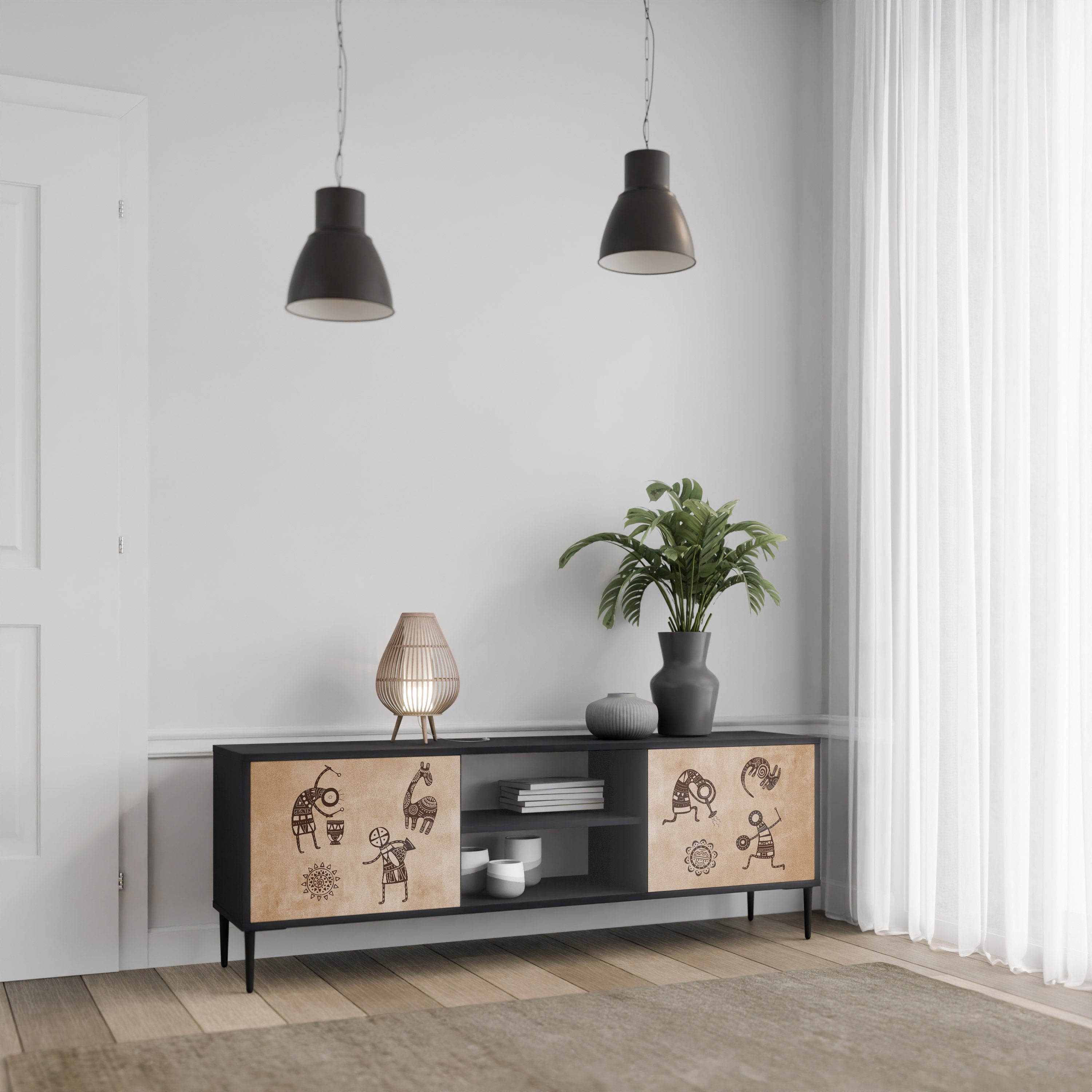 AFRICAN STYLE 2-Door TV Stand in Black Finish