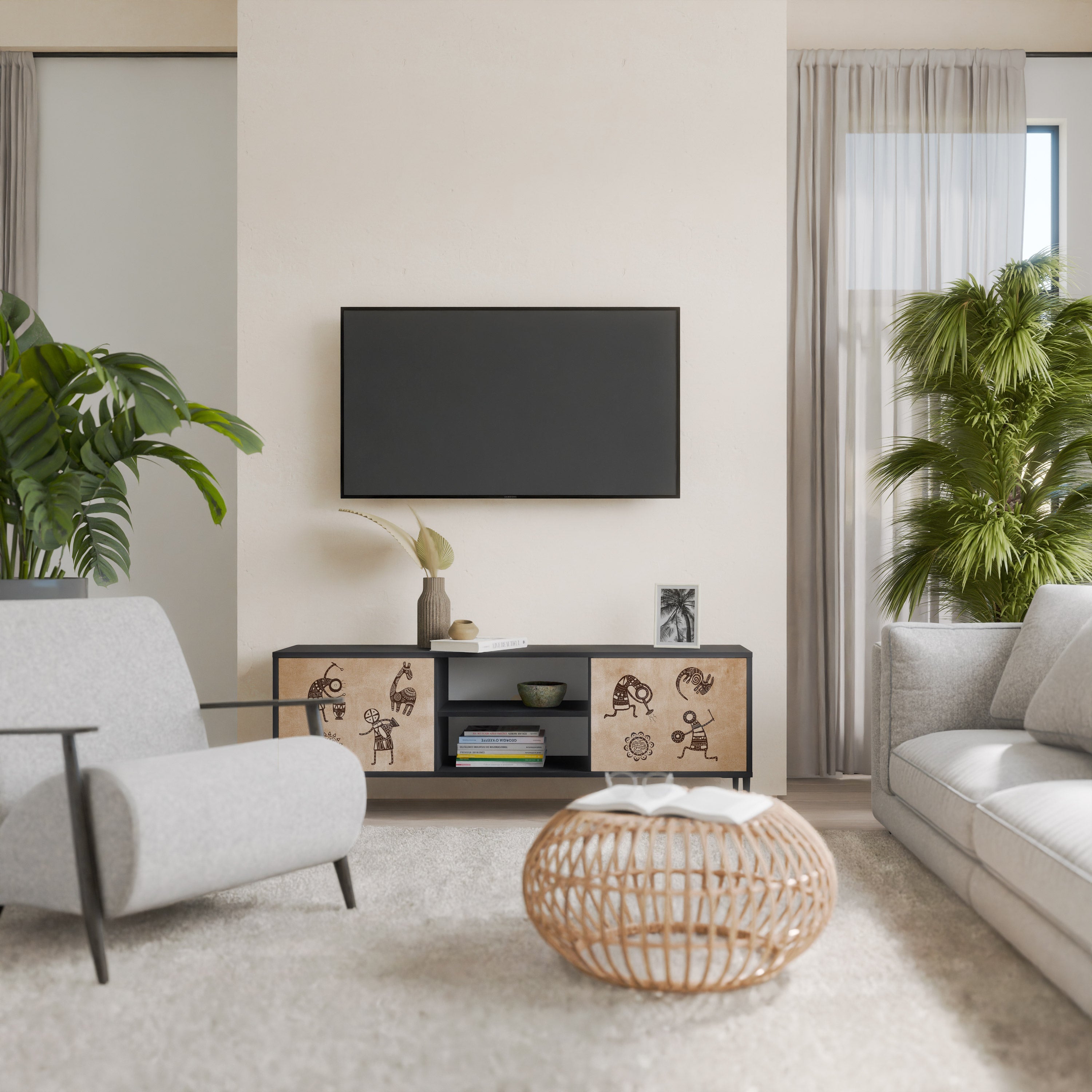 AFRICAN STYLE 2-Door TV Stand in Black Finish