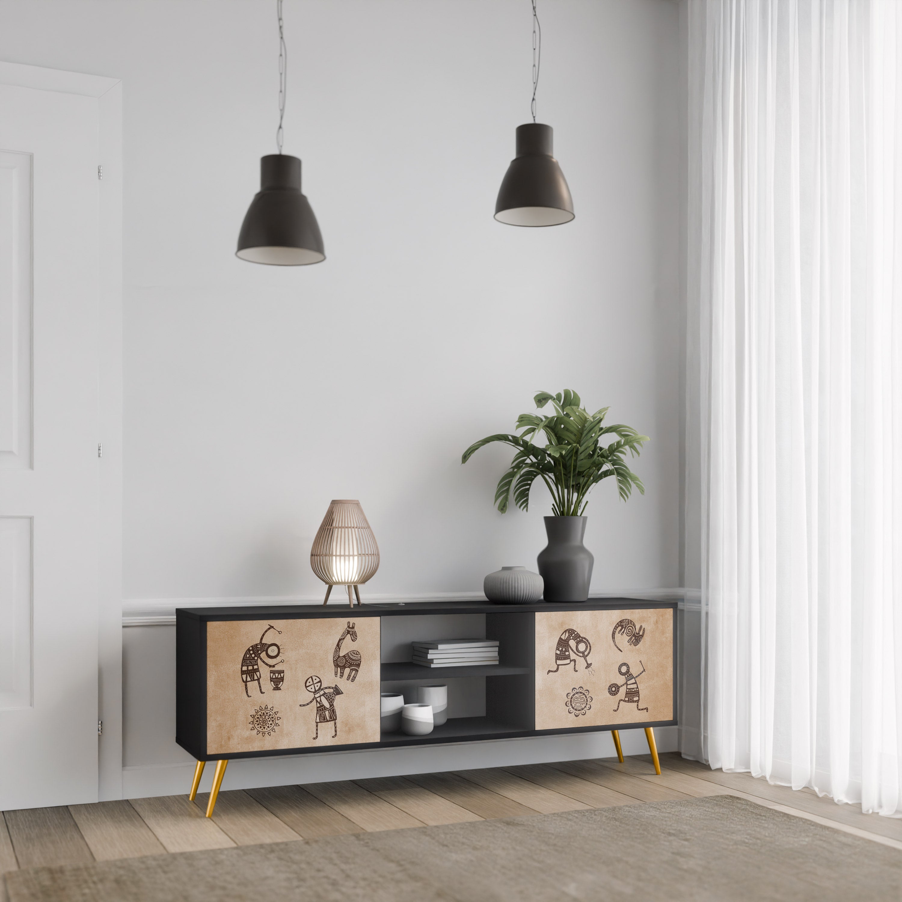 AFRICAN STYLE 2-Door TV Stand in Black Finish