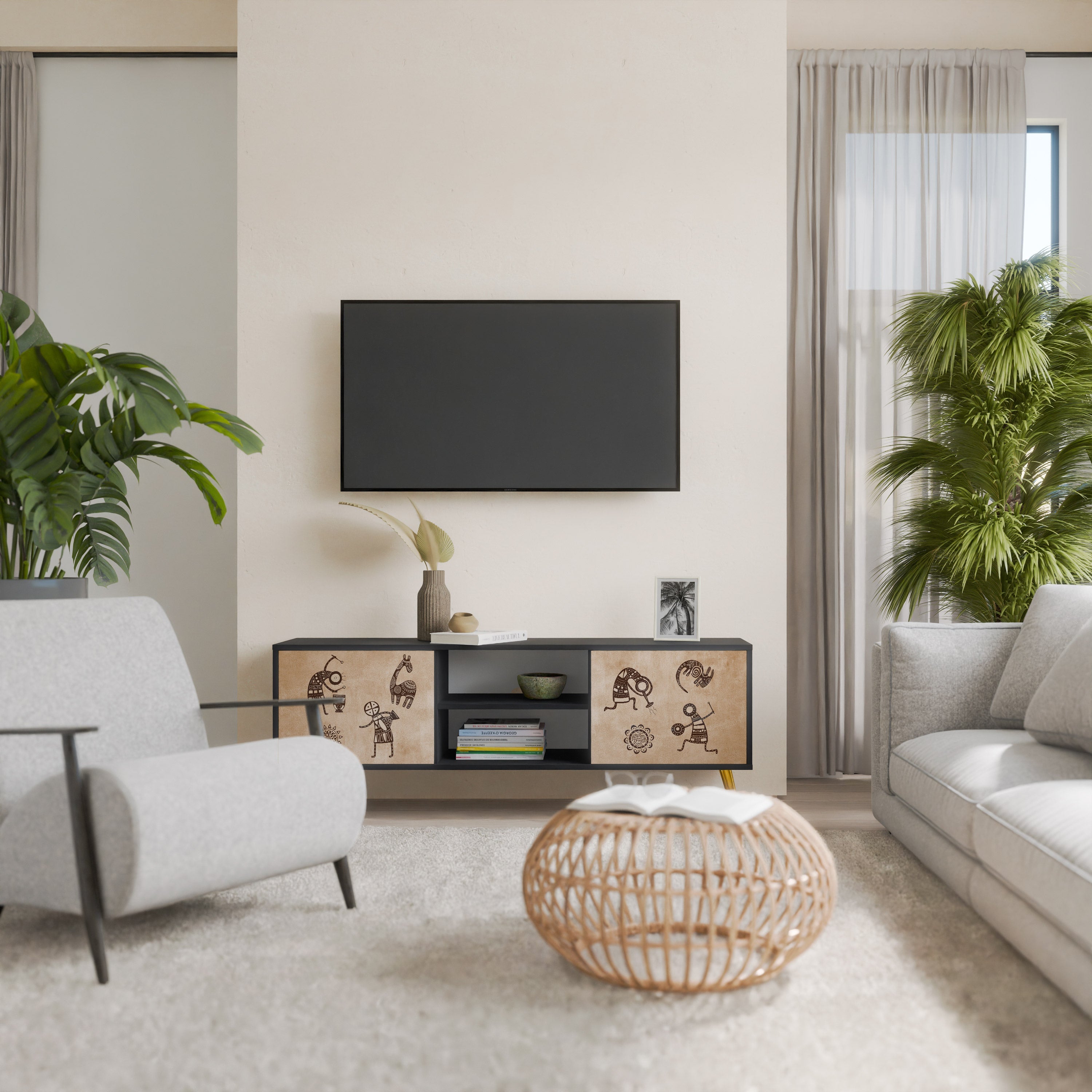 AFRICAN STYLE 2-Door TV Stand in Black Finish