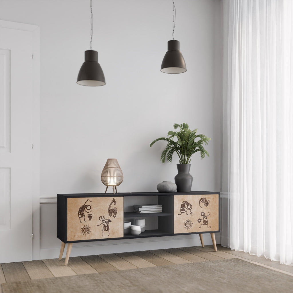 AFRICAN STYLE 2-Door TV Stand in Black Finish