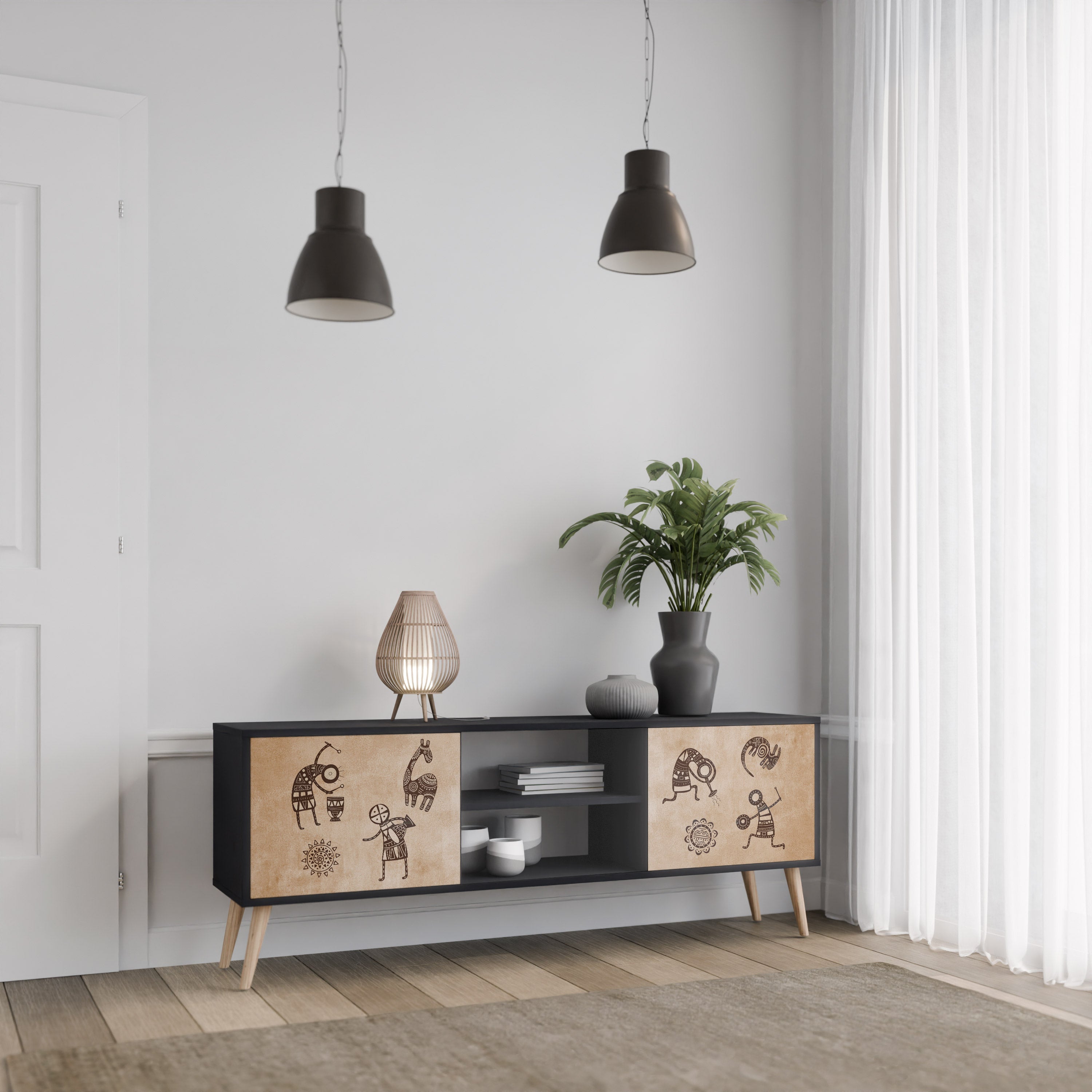AFRICAN STYLE 2-Door TV Stand in Black Finish