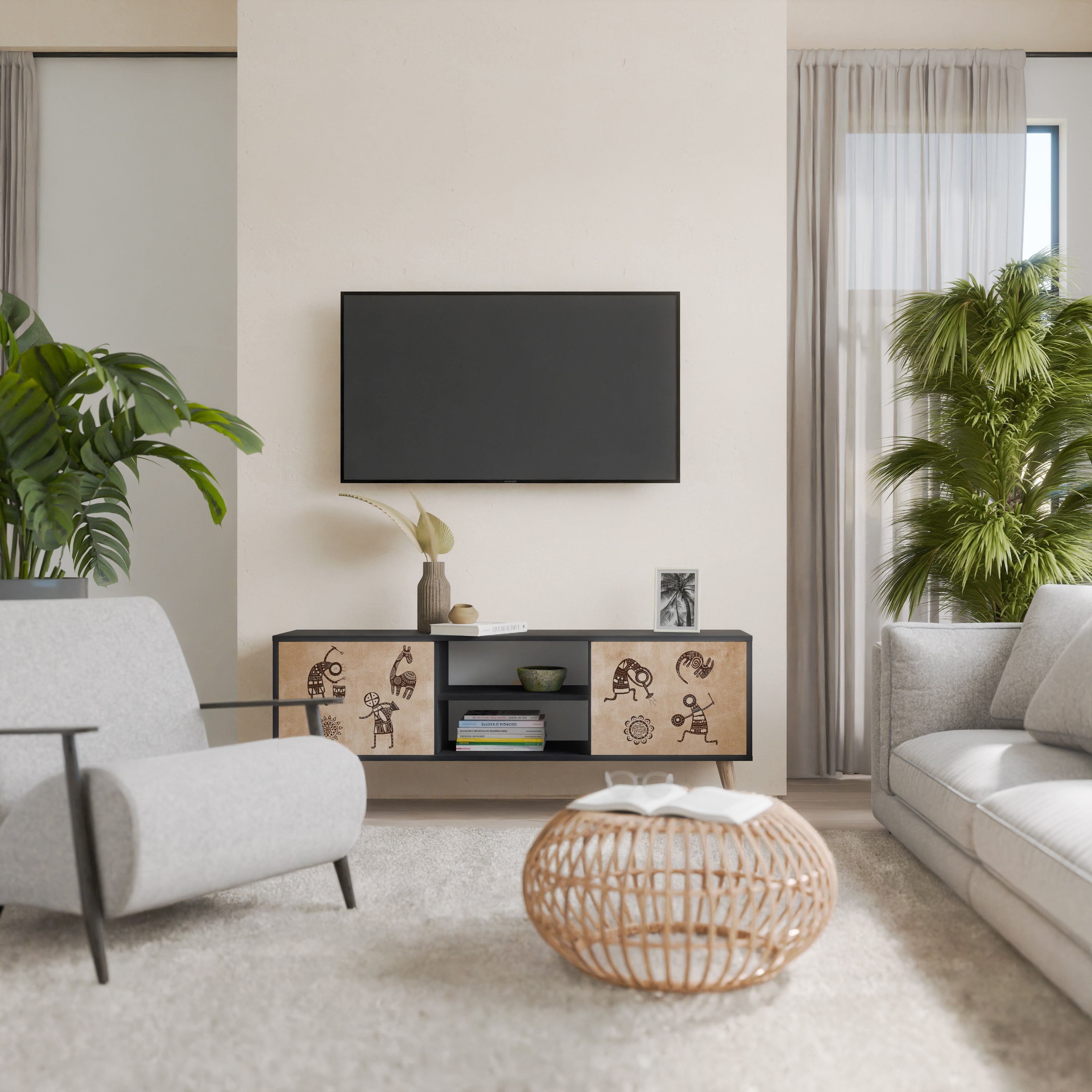 AFRICAN STYLE 2-Door TV Stand in Black Finish