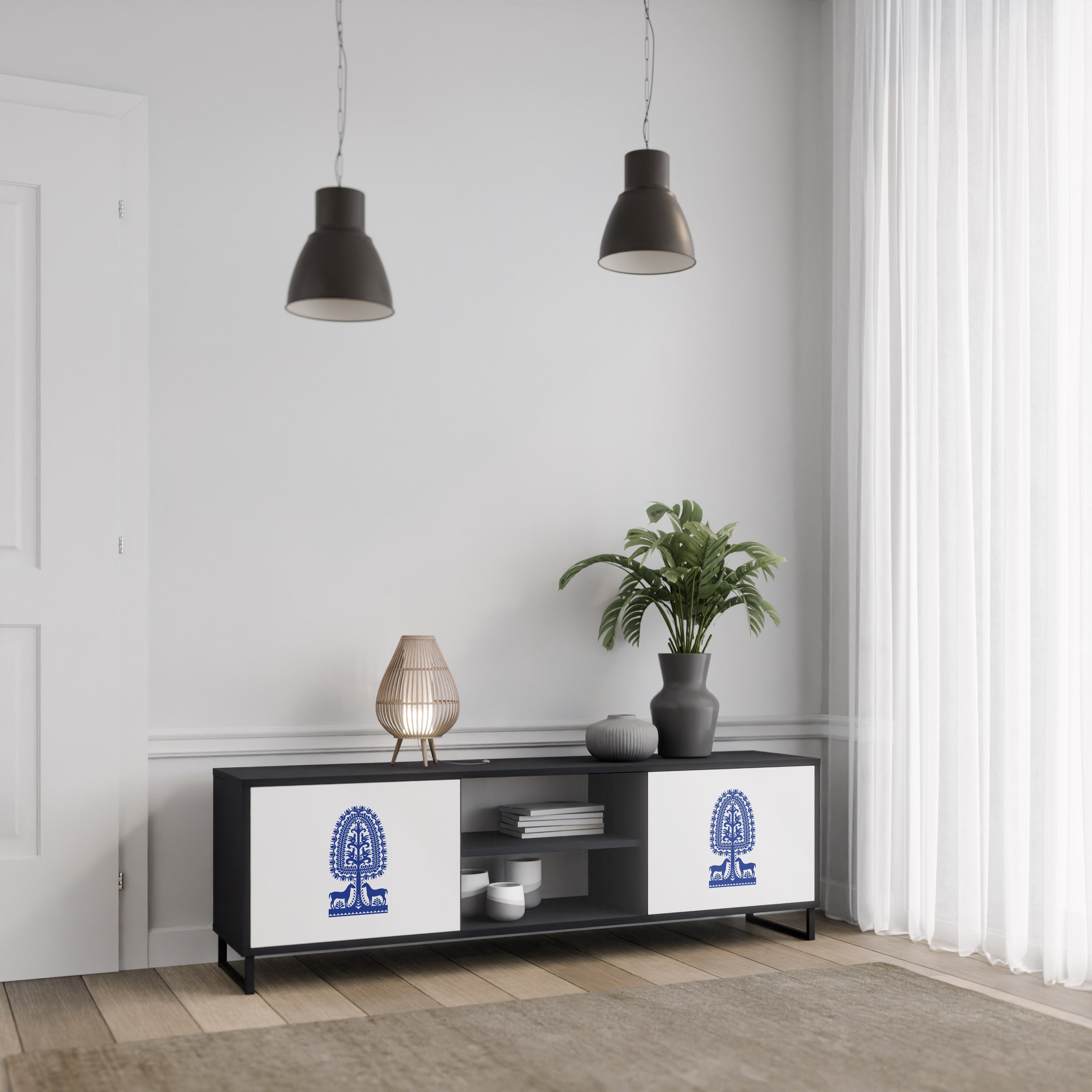 POLISH FOLK ART TV-Lowboard mit 2 Türen in Schwarz