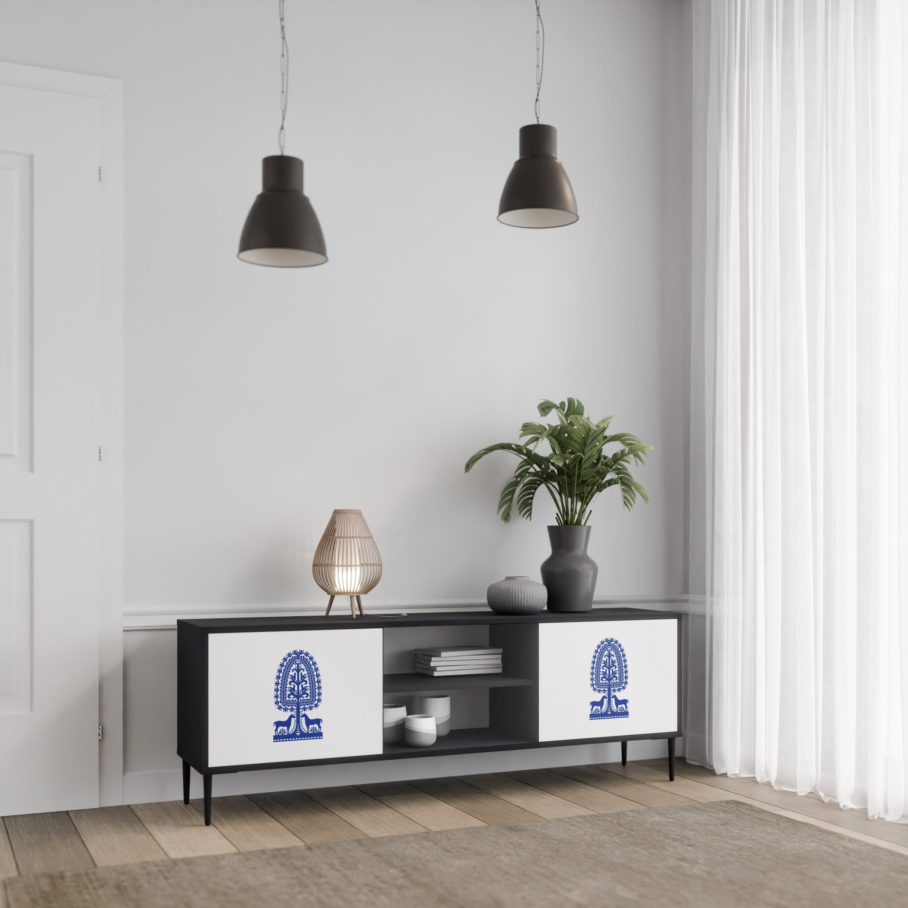 POLISH FOLK ART TV-Lowboard mit 2 Türen in Schwarz