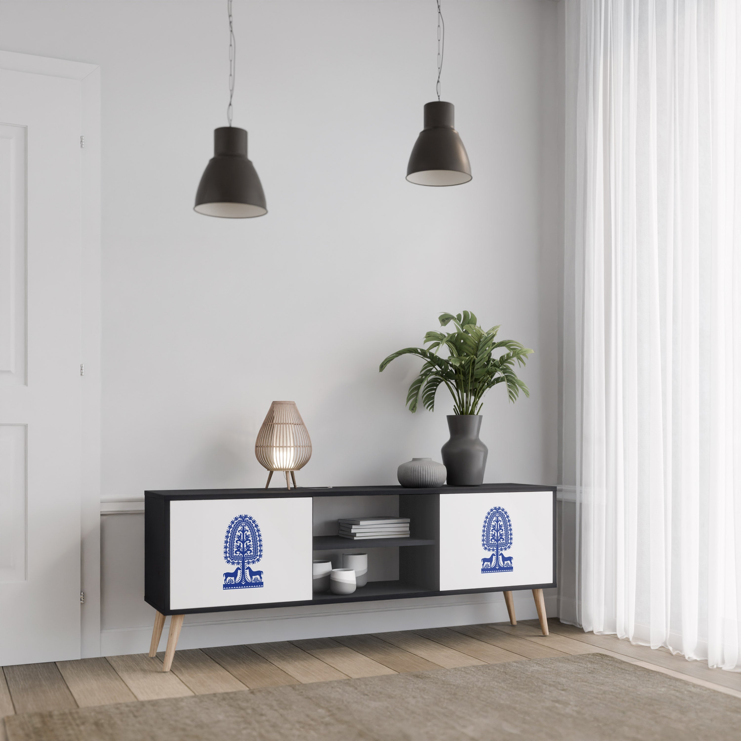 POLISH FOLK ART TV-Lowboard mit 2 Türen in Schwarz